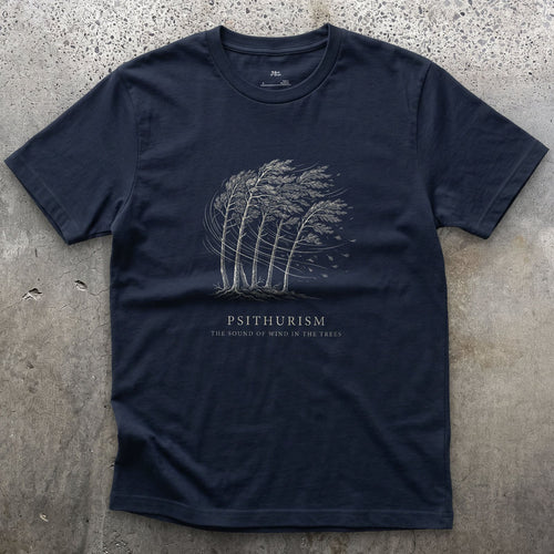Psithurism, the Sound of Wind in the Trees design on a Navy Gildan Softstyle t-shirt