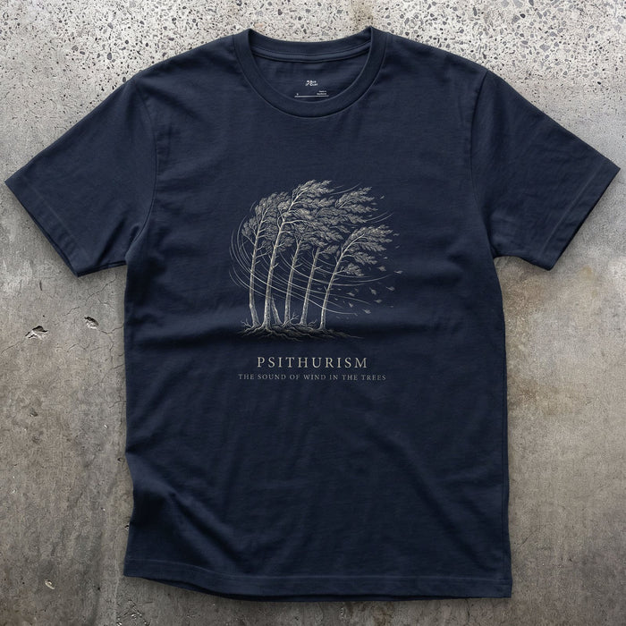 Psithurism, the Sound of Wind in the Trees design on a Navy Gildan Softstyle t-shirt