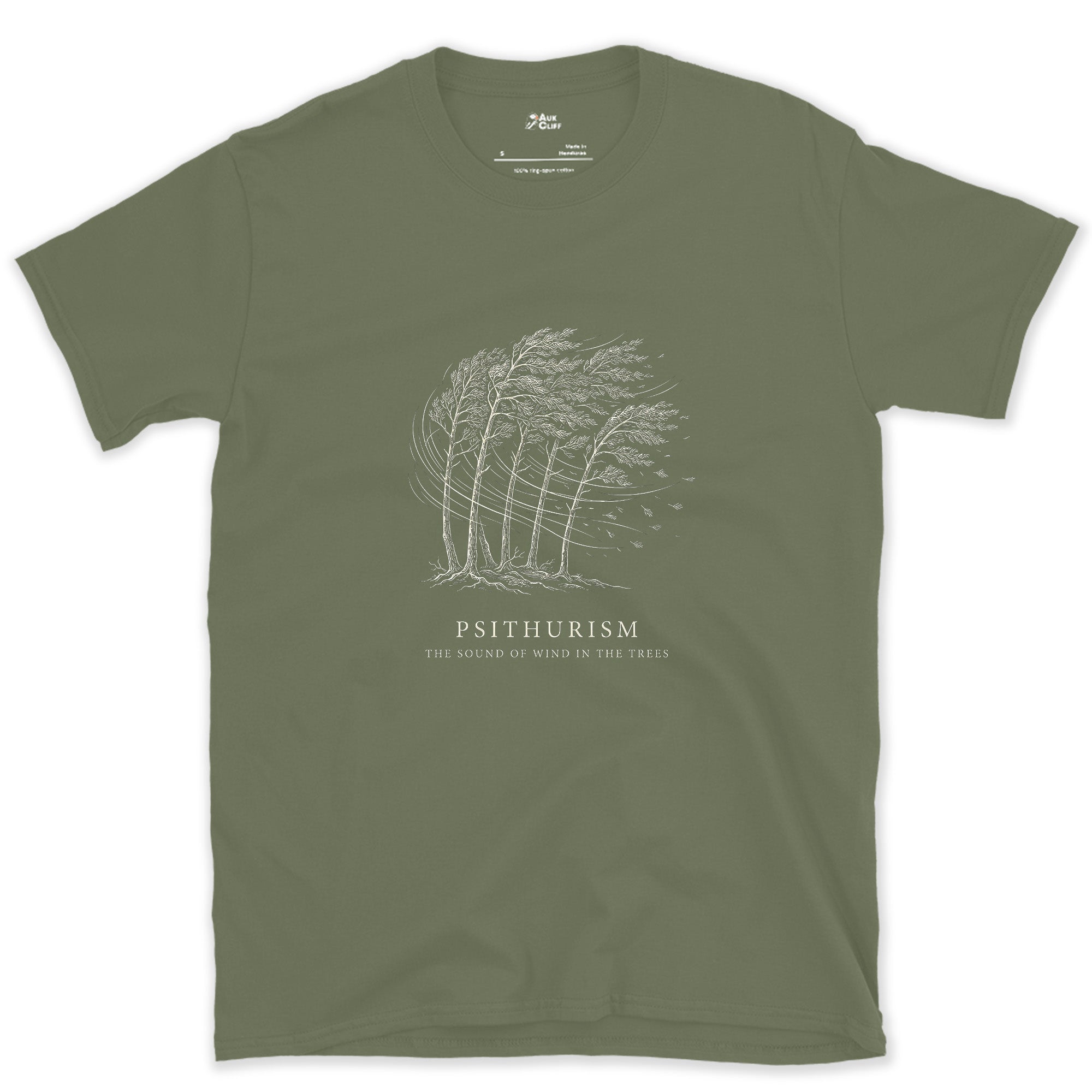 Psithurism, the Sound of Wind in the Trees design on a Military Green Gildan Softstyle t-shirt