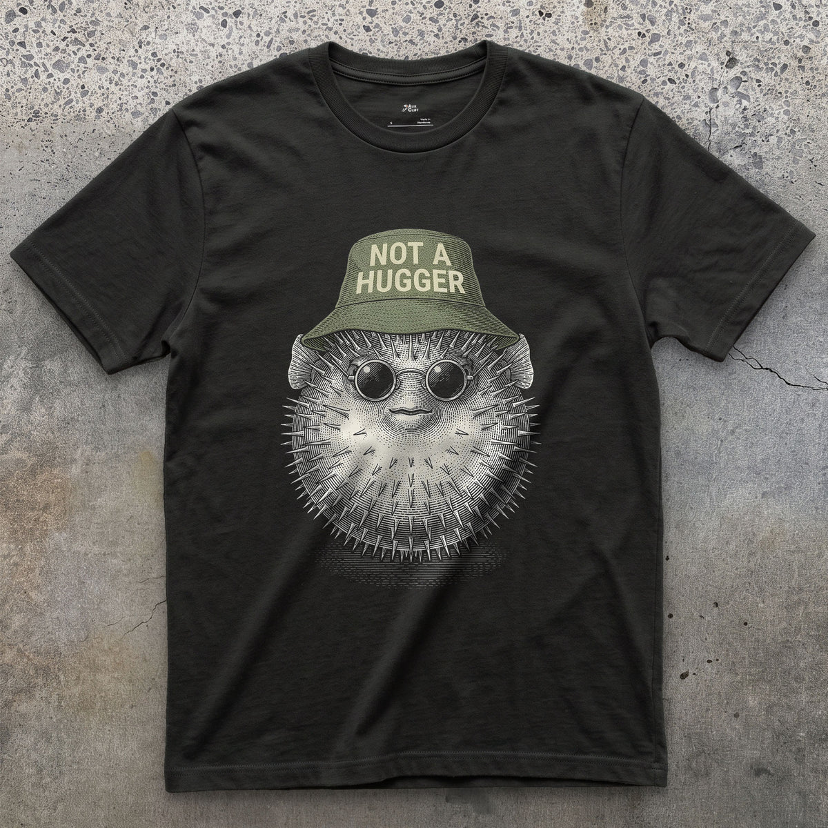 Not a Hugger, Reef Pufferfish in a Bucket Hat design on a Black Gildan Softstyle t-shirt
