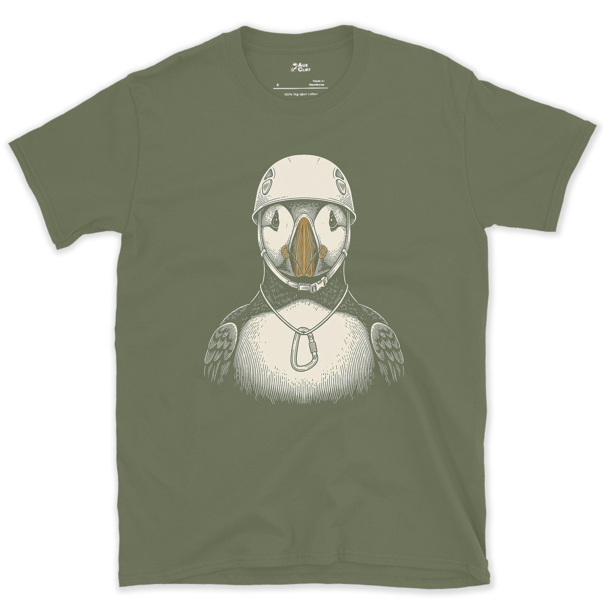 Traded the Sea Cliff for the Ridge, Puffin design on a Military Green Gildan Softstyle t-shirt
