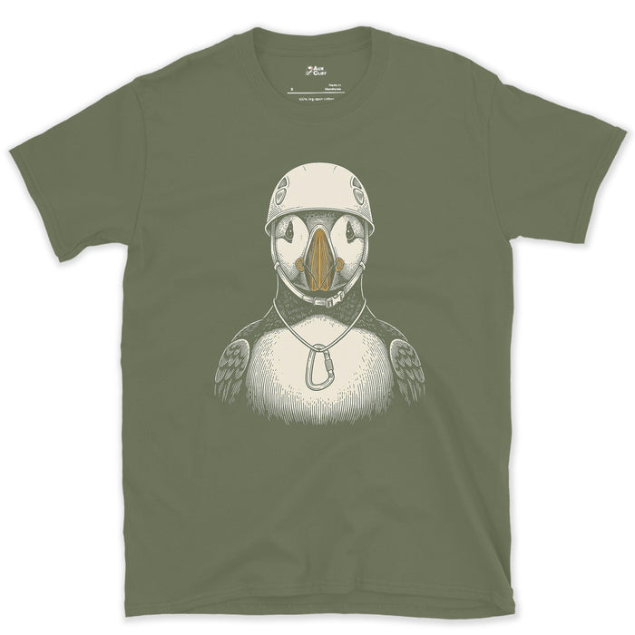 Traded the Sea Cliff for the Ridge, Puffin design on a Military Green Gildan Softstyle t-shirt