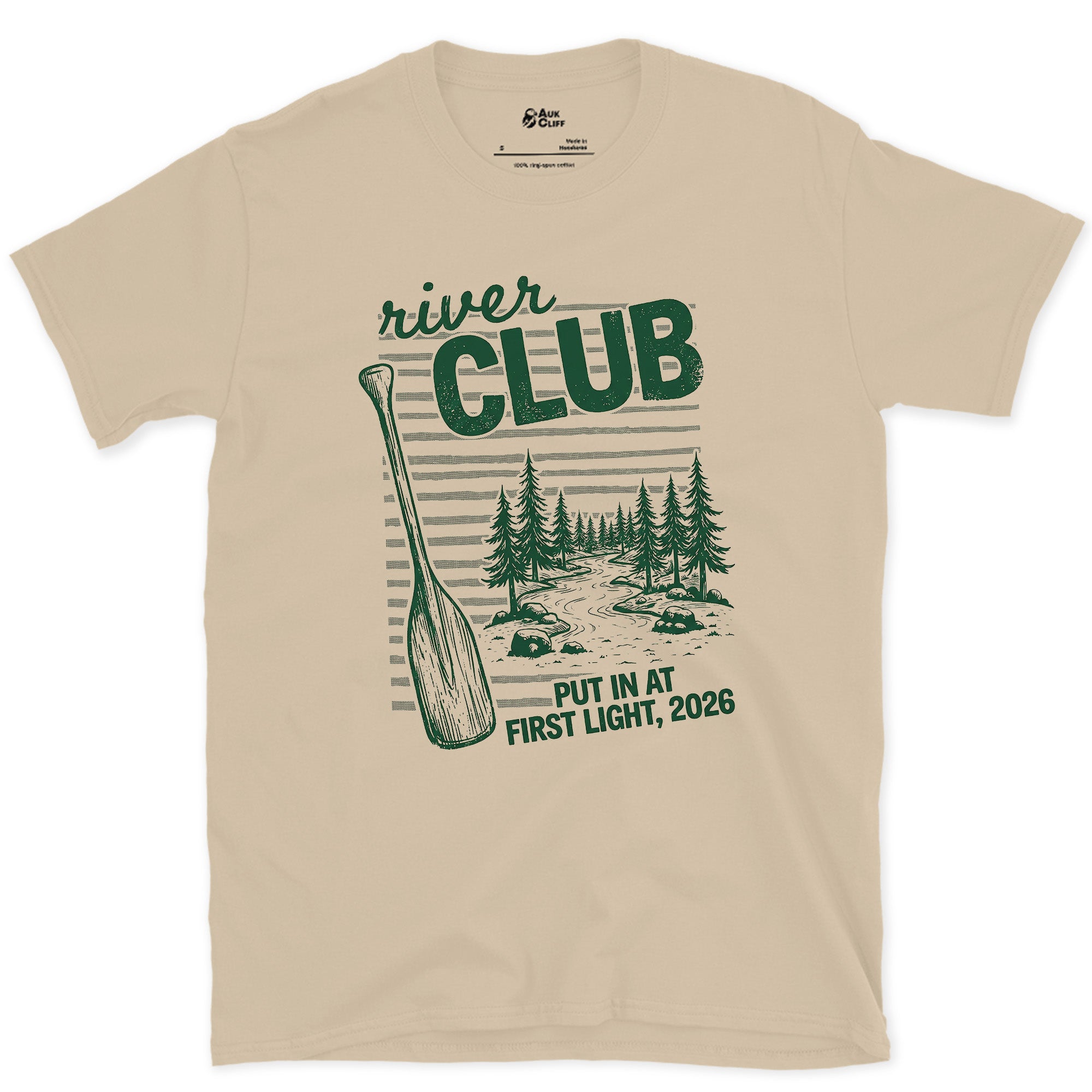 Put In at First Light, River Club design on a Sand Gildan Softstyle t-shirt