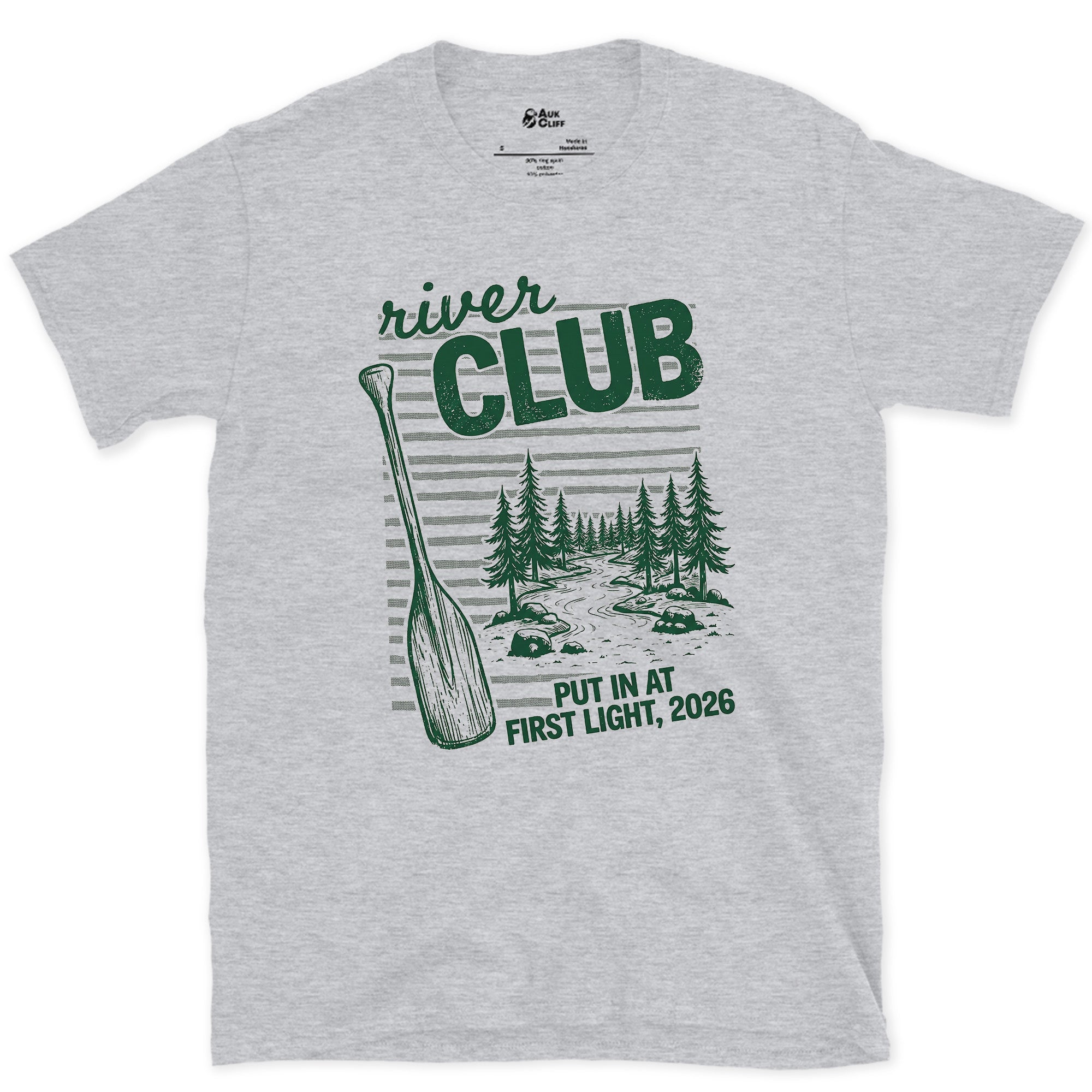 Put In at First Light, River Club design on a Sport Grey Gildan Softstyle t-shirt