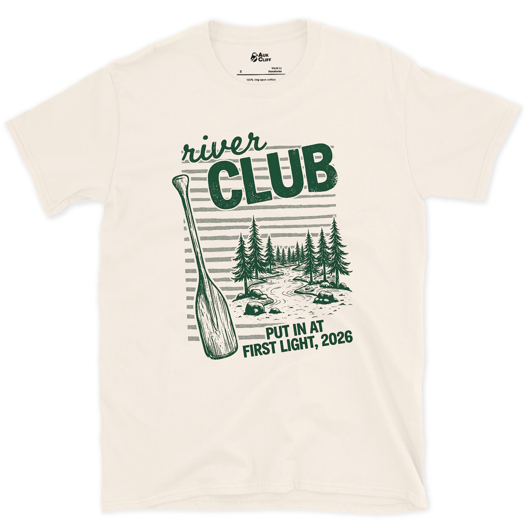 Put In at First Light, River Club design on a Natural Gildan Softstyle t-shirt