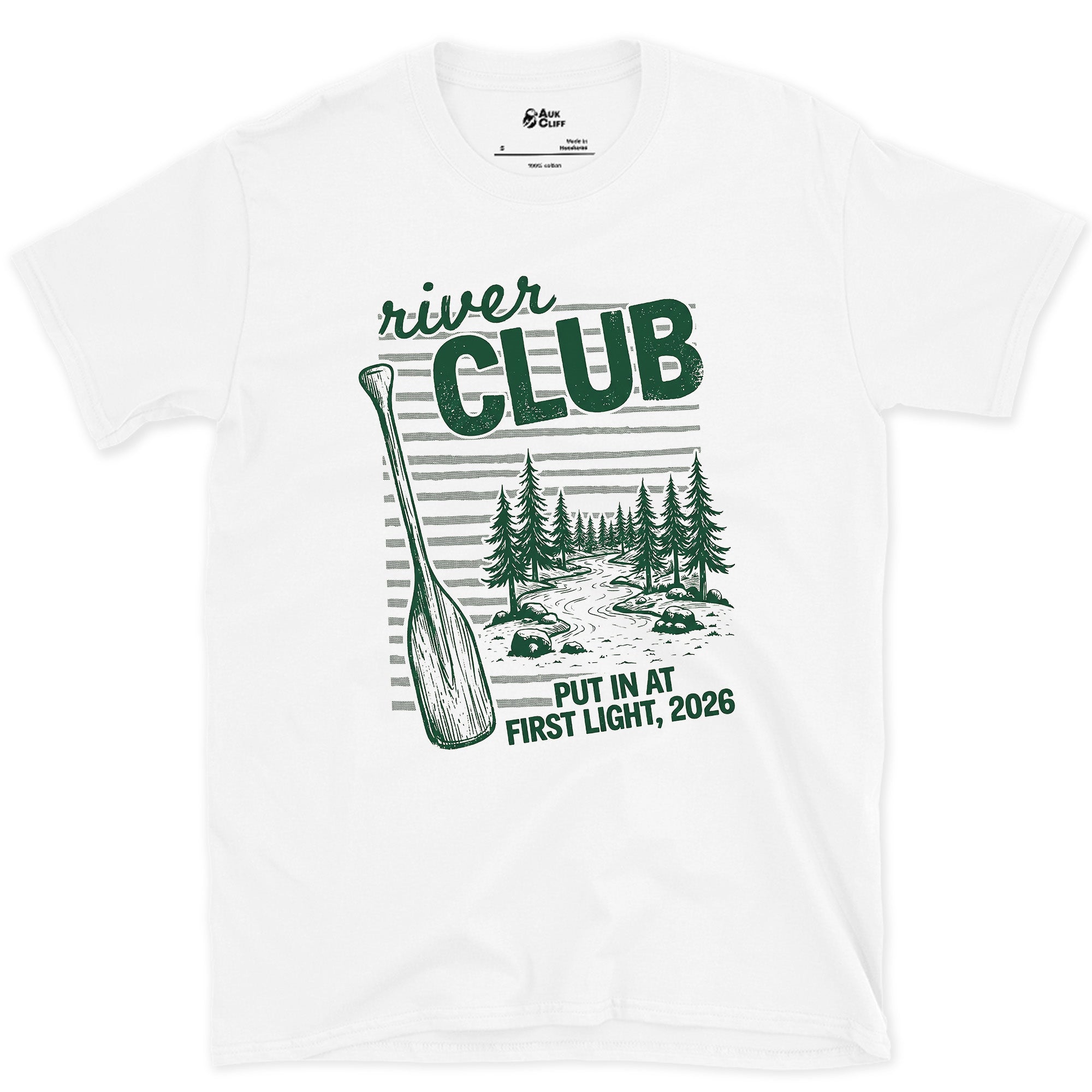 Put In at First Light, River Club design on a White Gildan Softstyle t-shirt