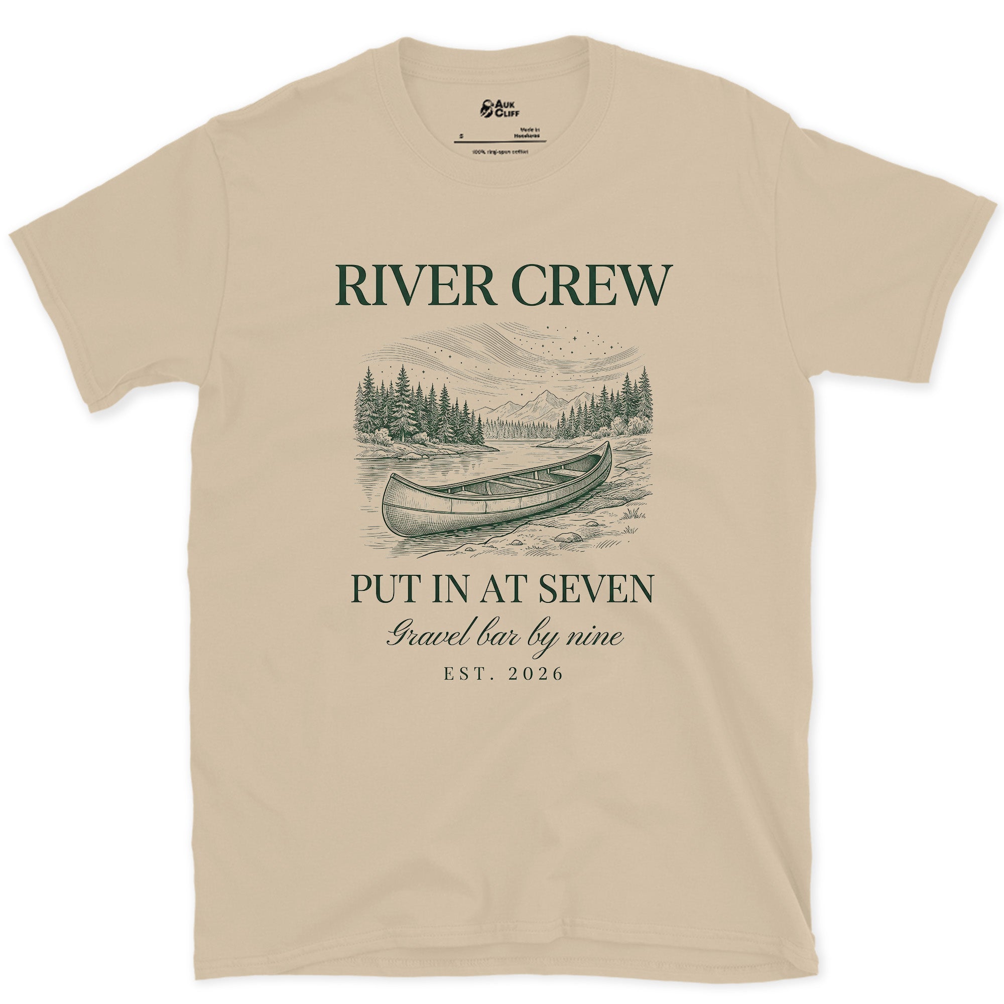 River Crew, Put In at Seven design on a Sand Gildan Softstyle t-shirt