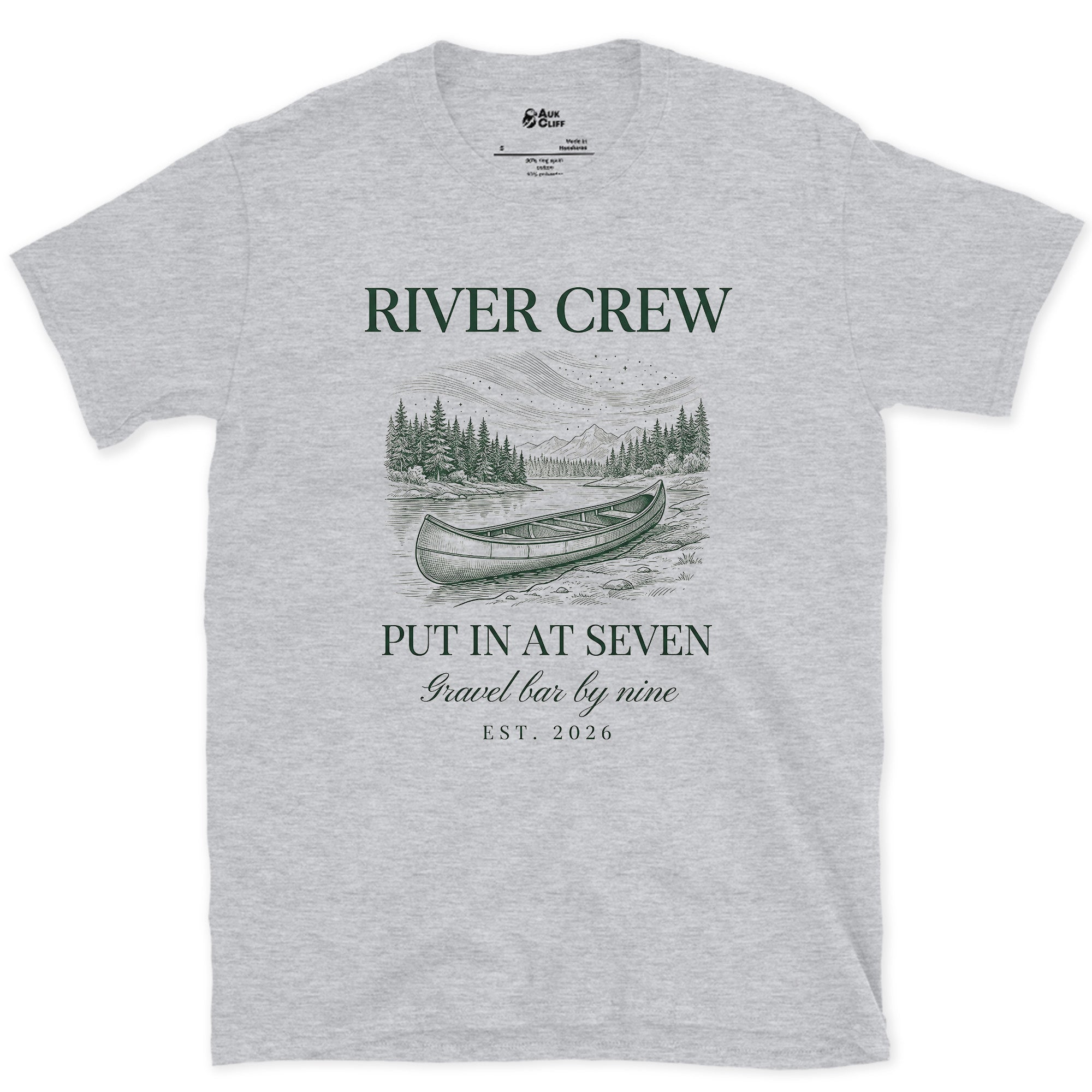 River Crew, Put In at Seven design on a Sport Grey Gildan Softstyle t-shirt