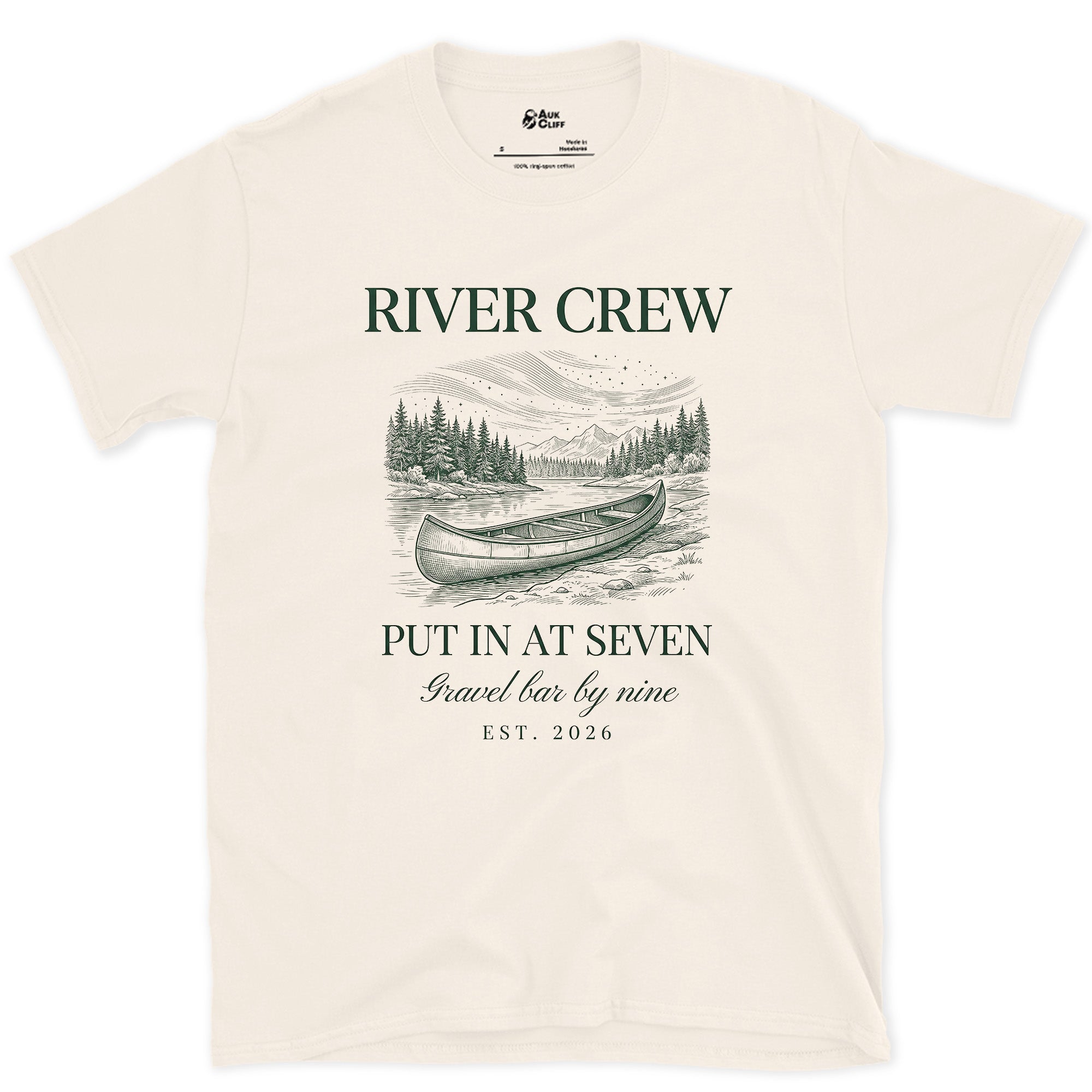 River Crew, Put In at Seven design on a Natural Gildan Softstyle t-shirt