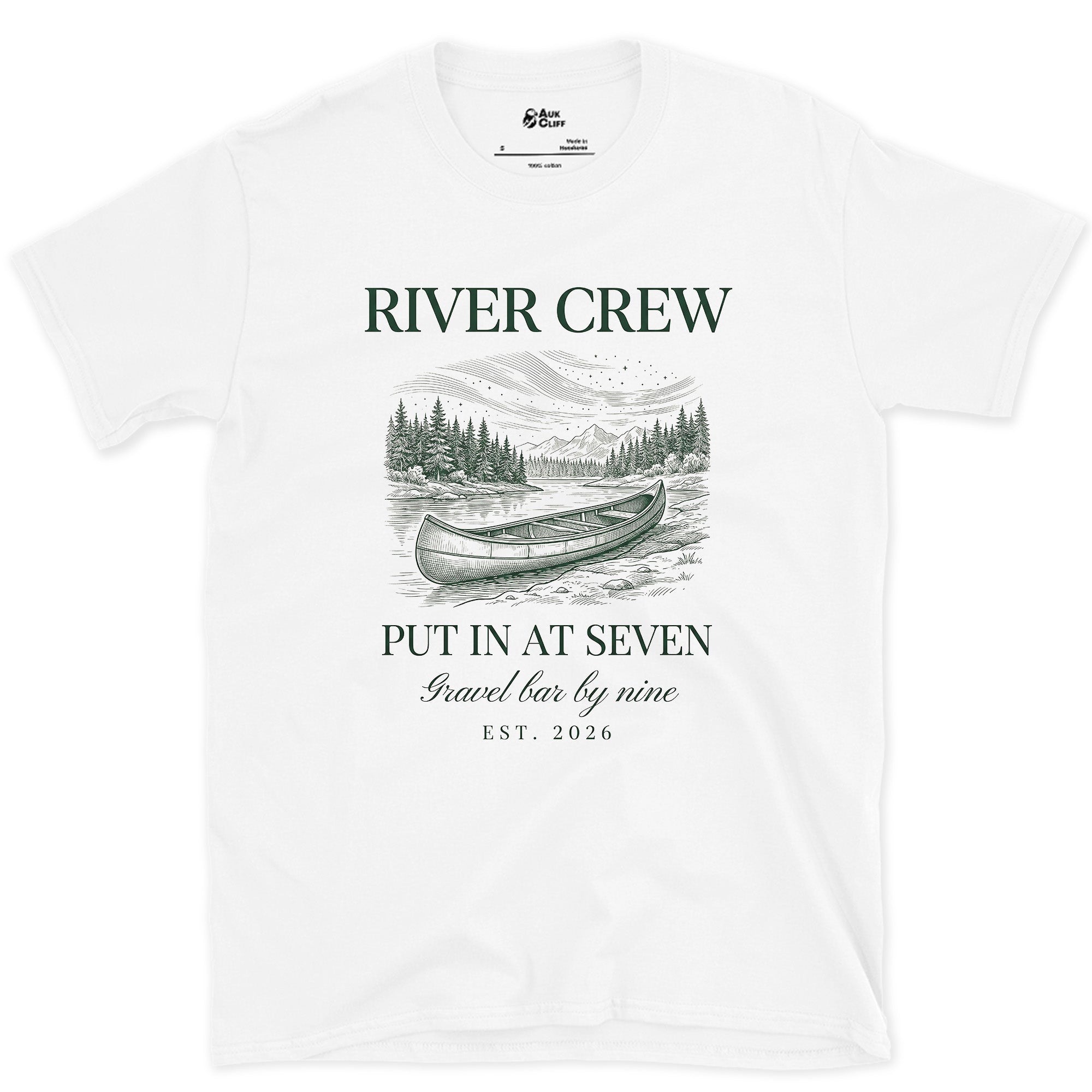 River Crew, Put In at Seven design on a White Gildan Softstyle t-shirt