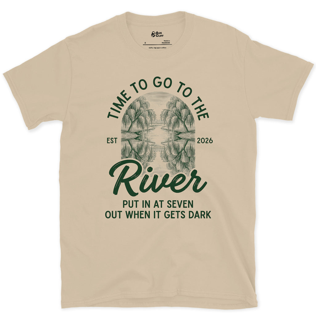 Time to Go to the River design on a Sand Gildan Softstyle t-shirt