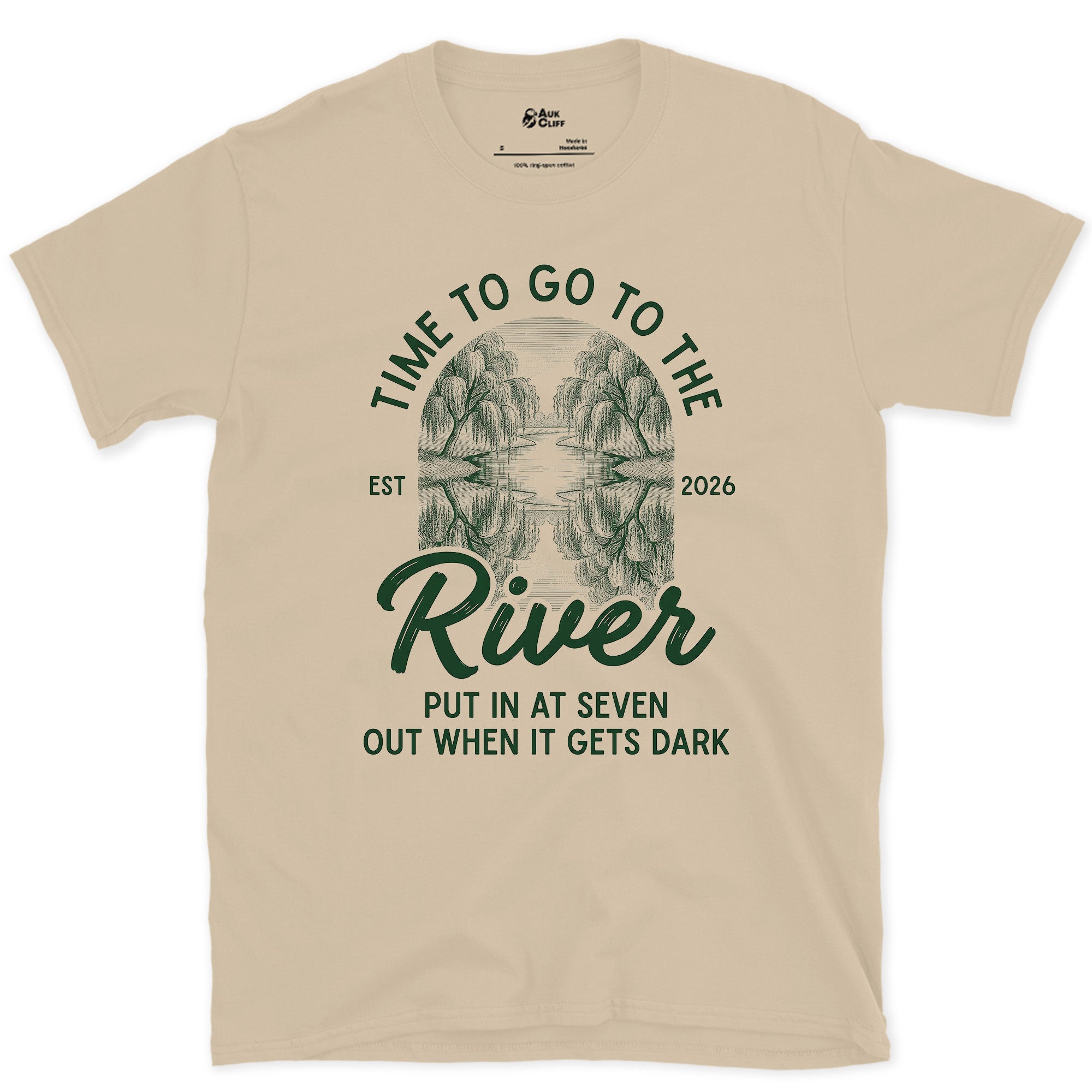 Time to Go to the River design on a Sand Gildan Softstyle t-shirt