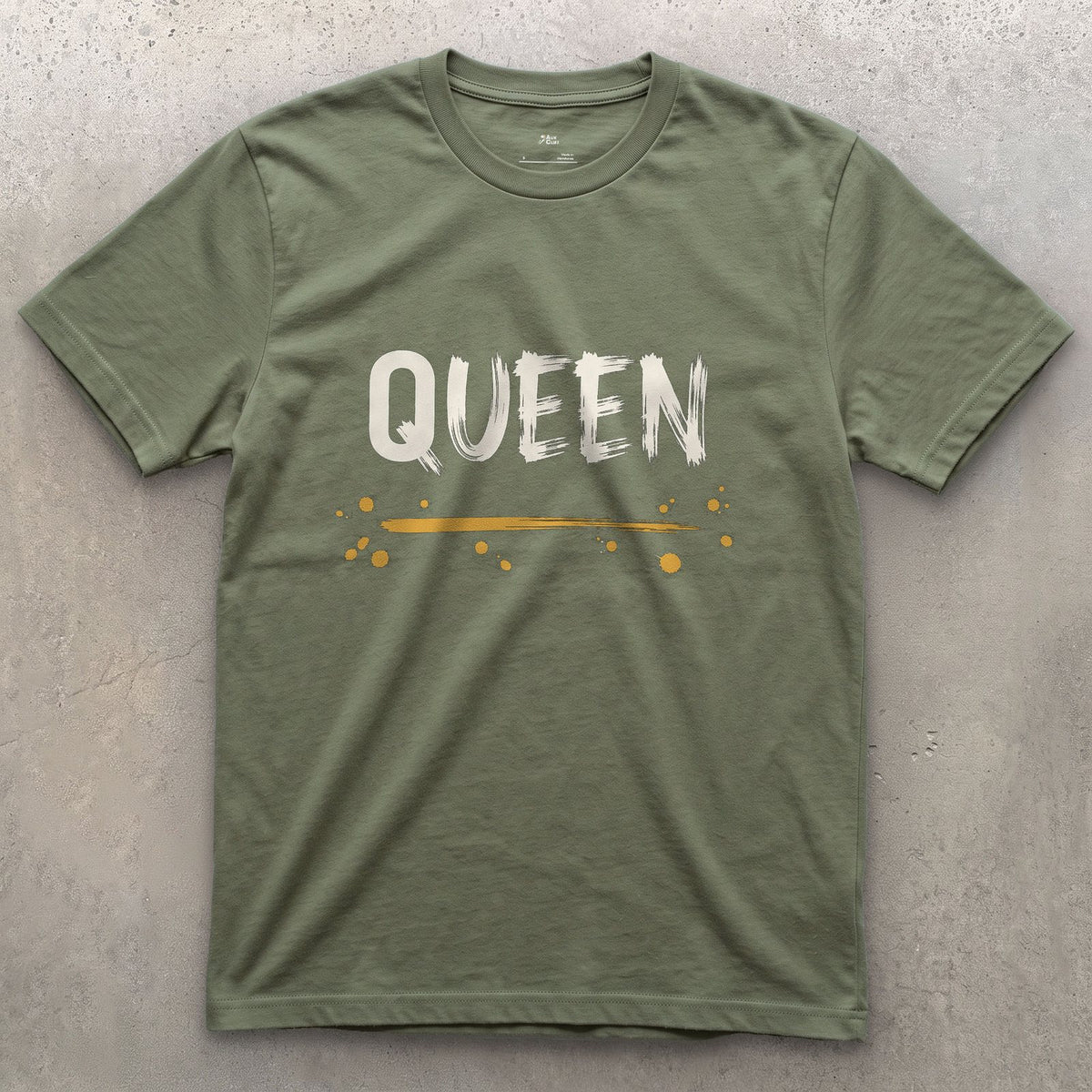 Queen design on a Military Green Gildan Softstyle t-shirt