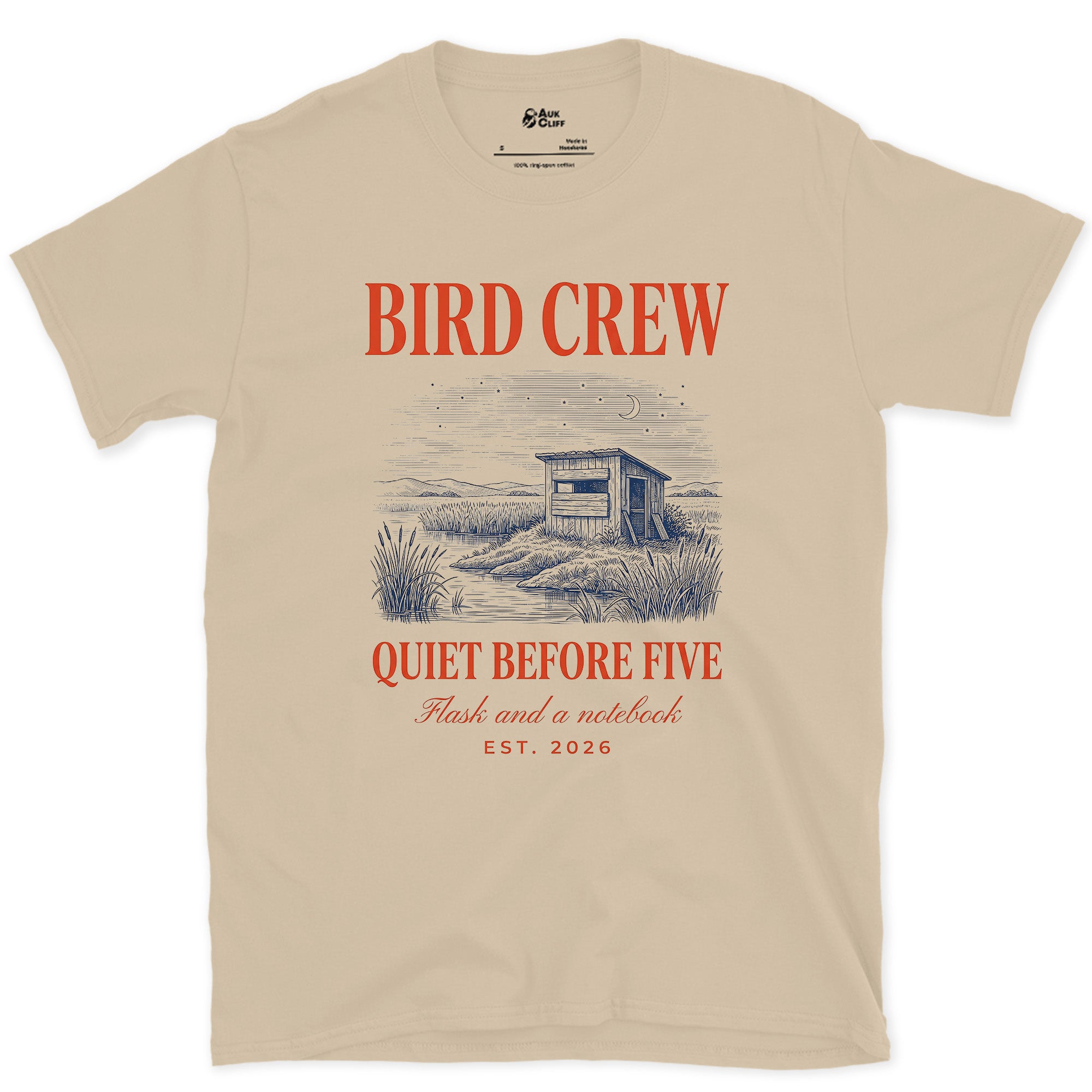 Bird Crew, Quiet Before Five design on a Sand Gildan Softstyle t-shirt