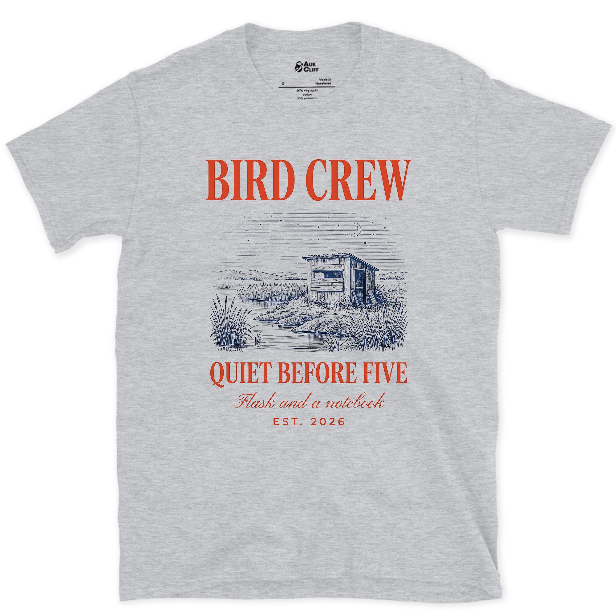 Bird Crew, Quiet Before Five design on a Sport Grey Gildan Softstyle t-shirt