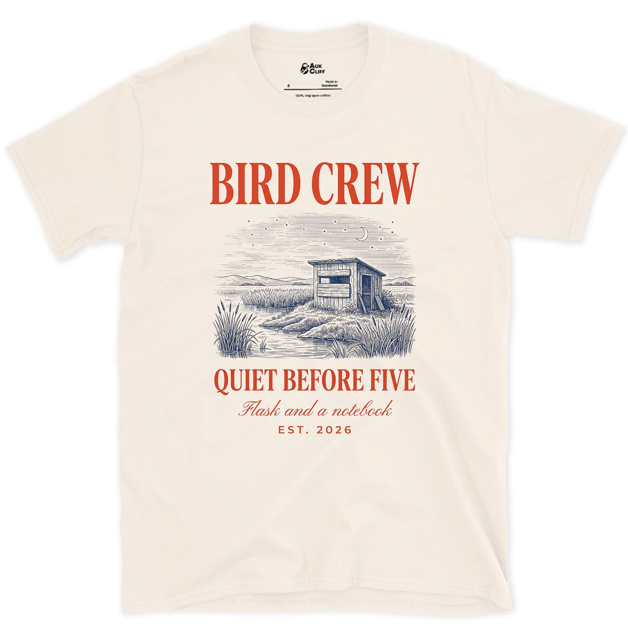 Bird Crew, Quiet Before Five design on a Natural Gildan Softstyle t-shirt