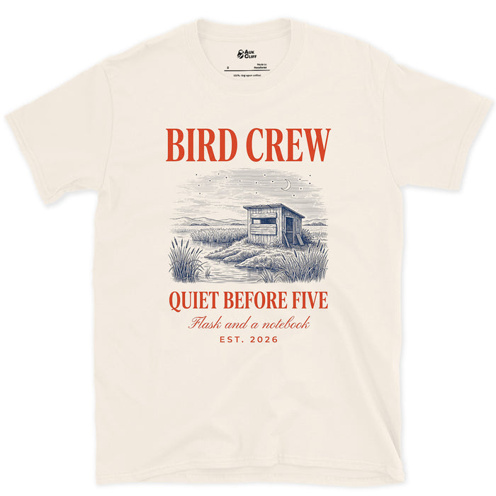 Bird Crew, Quiet Before Five design on a Natural Gildan Softstyle t-shirt