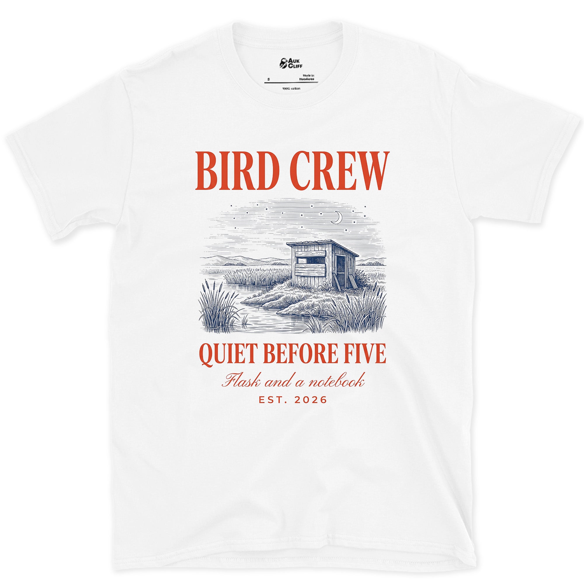 Bird Crew, Quiet Before Five design on a White Gildan Softstyle t-shirt