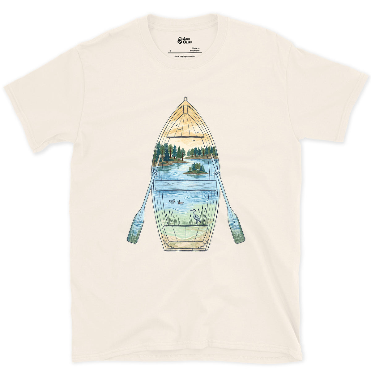 Quiet Lake Morning, Rowing Boat design on a Natural Gildan Softstyle t-shirt