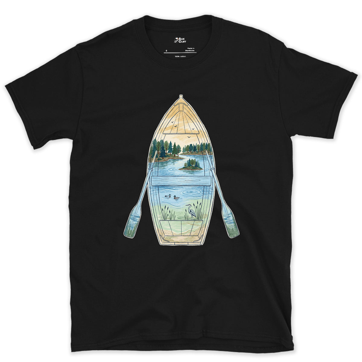 Quiet Lake Morning, Rowing Boat design on a Black Gildan Softstyle t-shirt