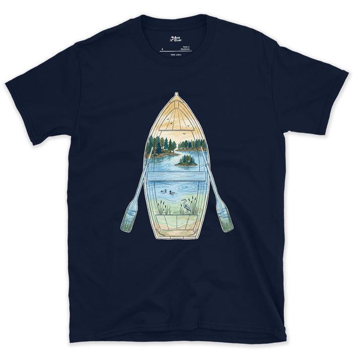Quiet Lake Morning, Rowing Boat design on a Navy Gildan Softstyle t-shirt