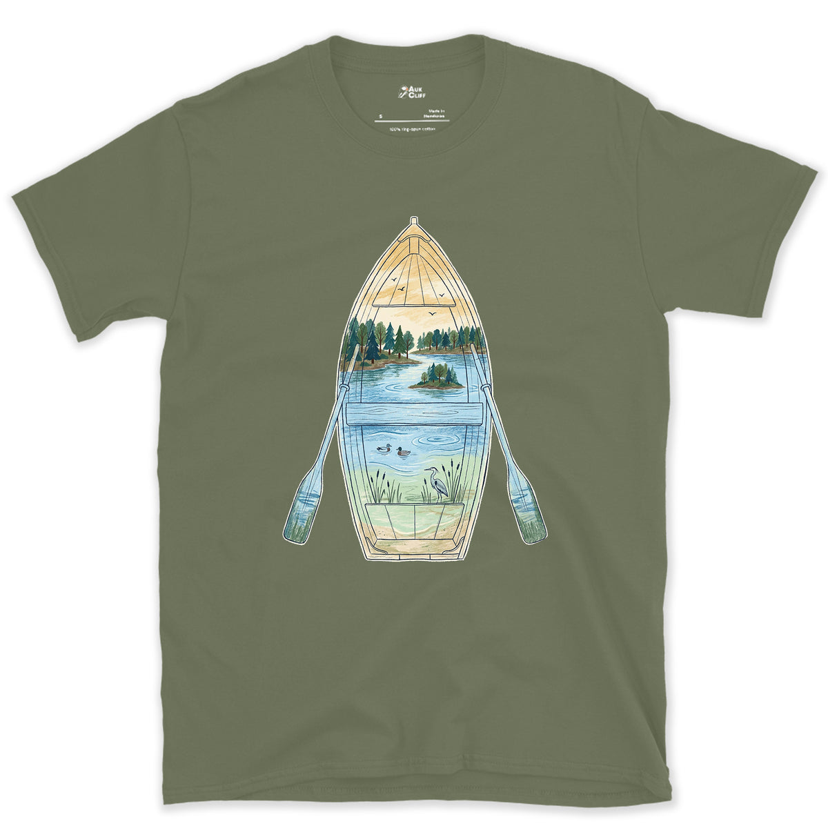 Quiet Lake Morning, Rowing Boat design on a Military Green Gildan Softstyle t-shirt