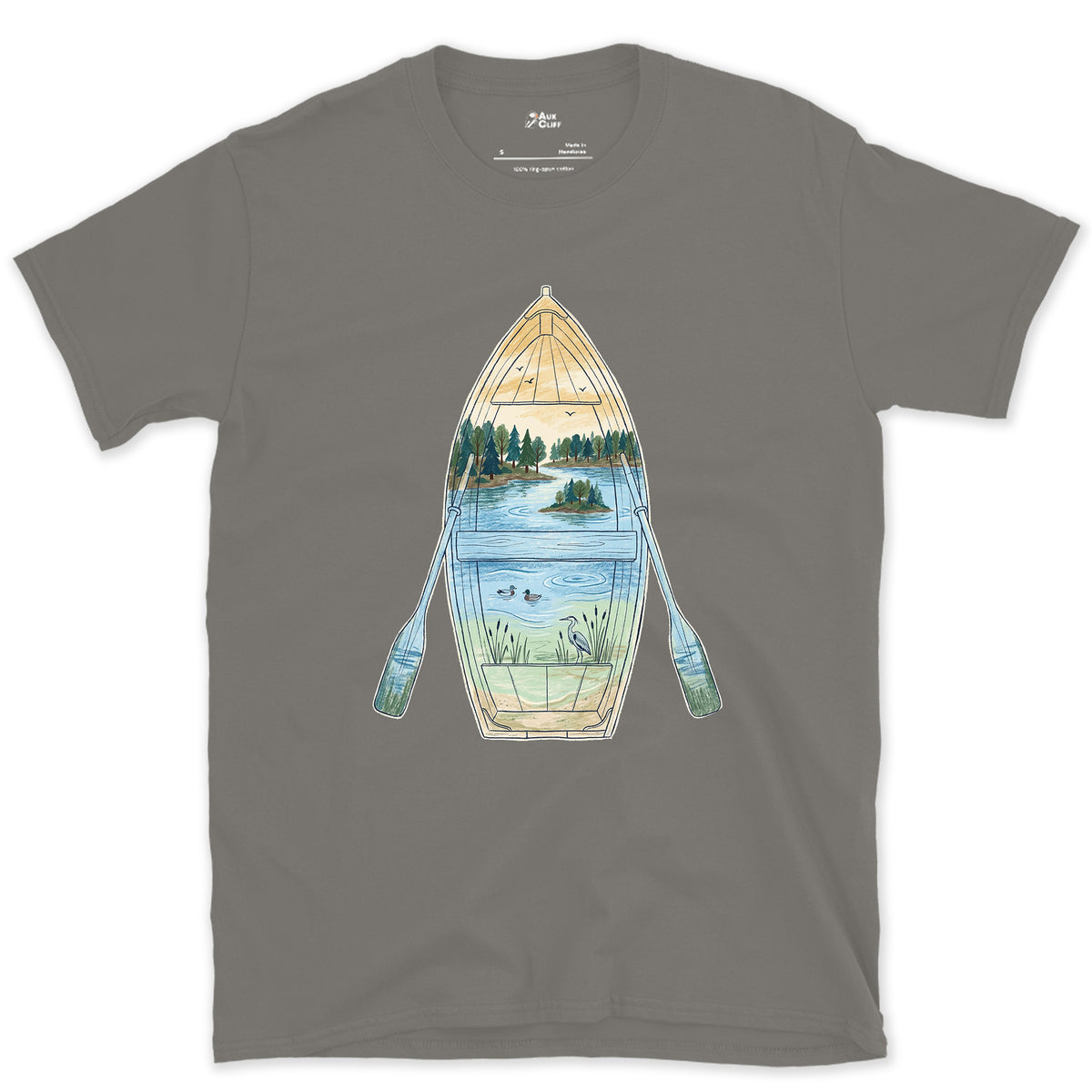 Quiet Lake Morning, Rowing Boat design on a Charcoal Gildan Softstyle t-shirt