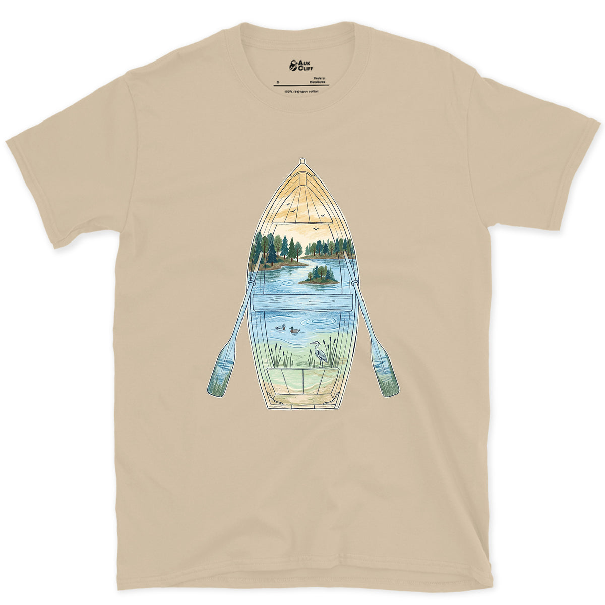 Quiet Lake Morning, Rowing Boat design on a Sand Gildan Softstyle t-shirt