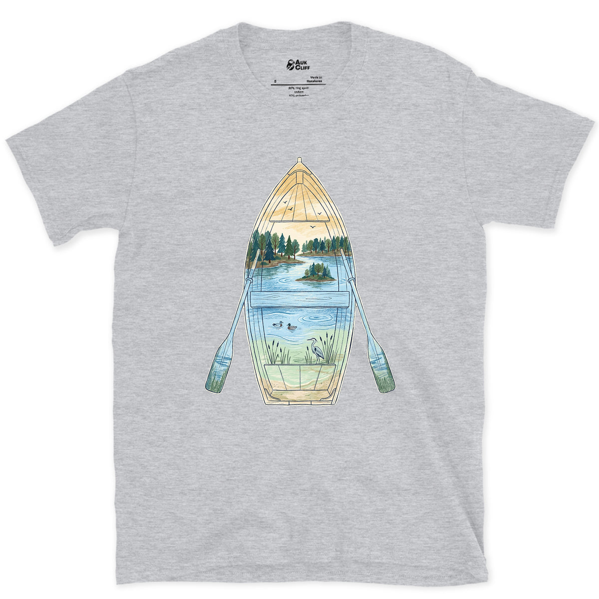 Quiet Lake Morning, Rowing Boat design on a Sport Grey Gildan Softstyle t-shirt