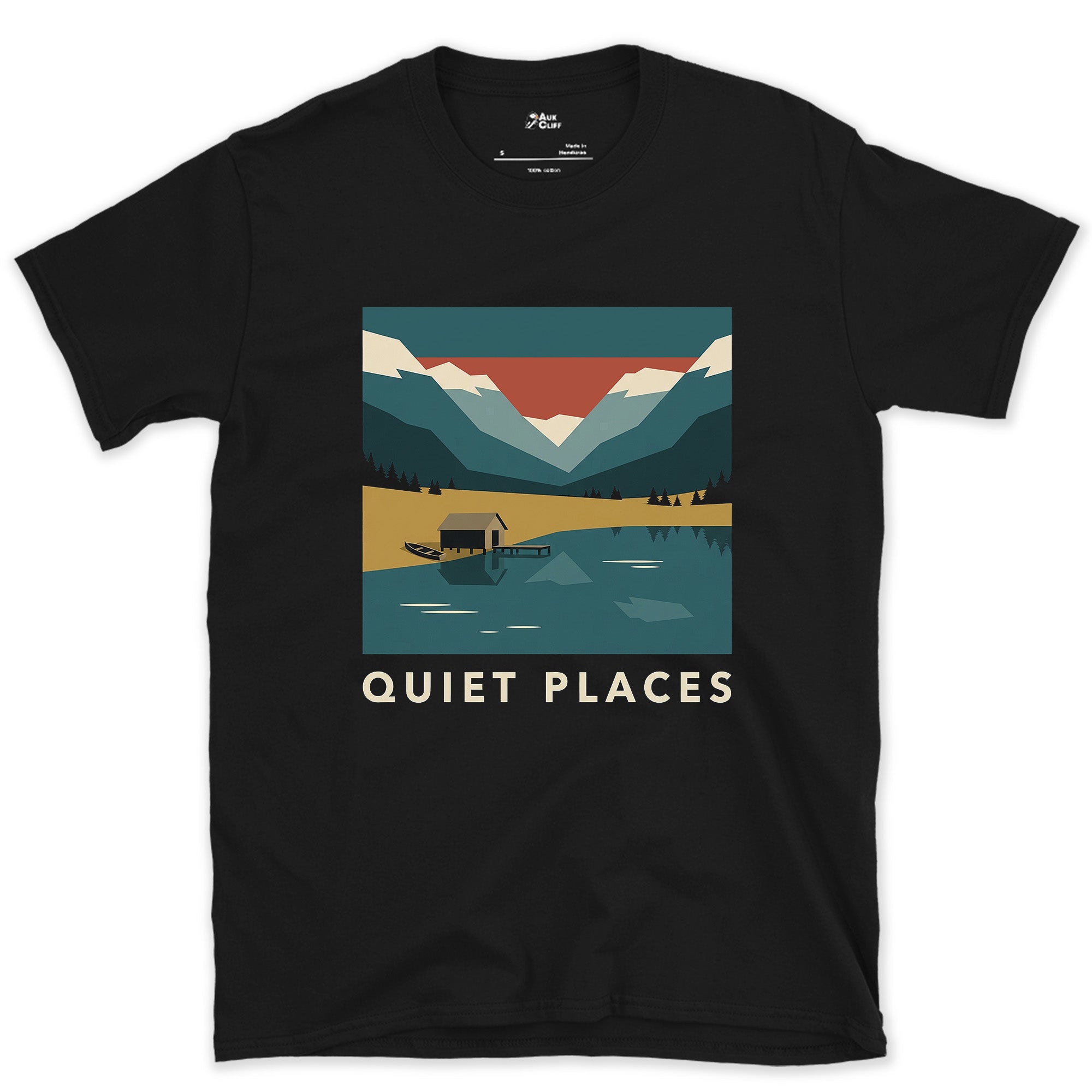 Quiet Places, Hut on the Water design on a Black Gildan Softstyle t-shirt