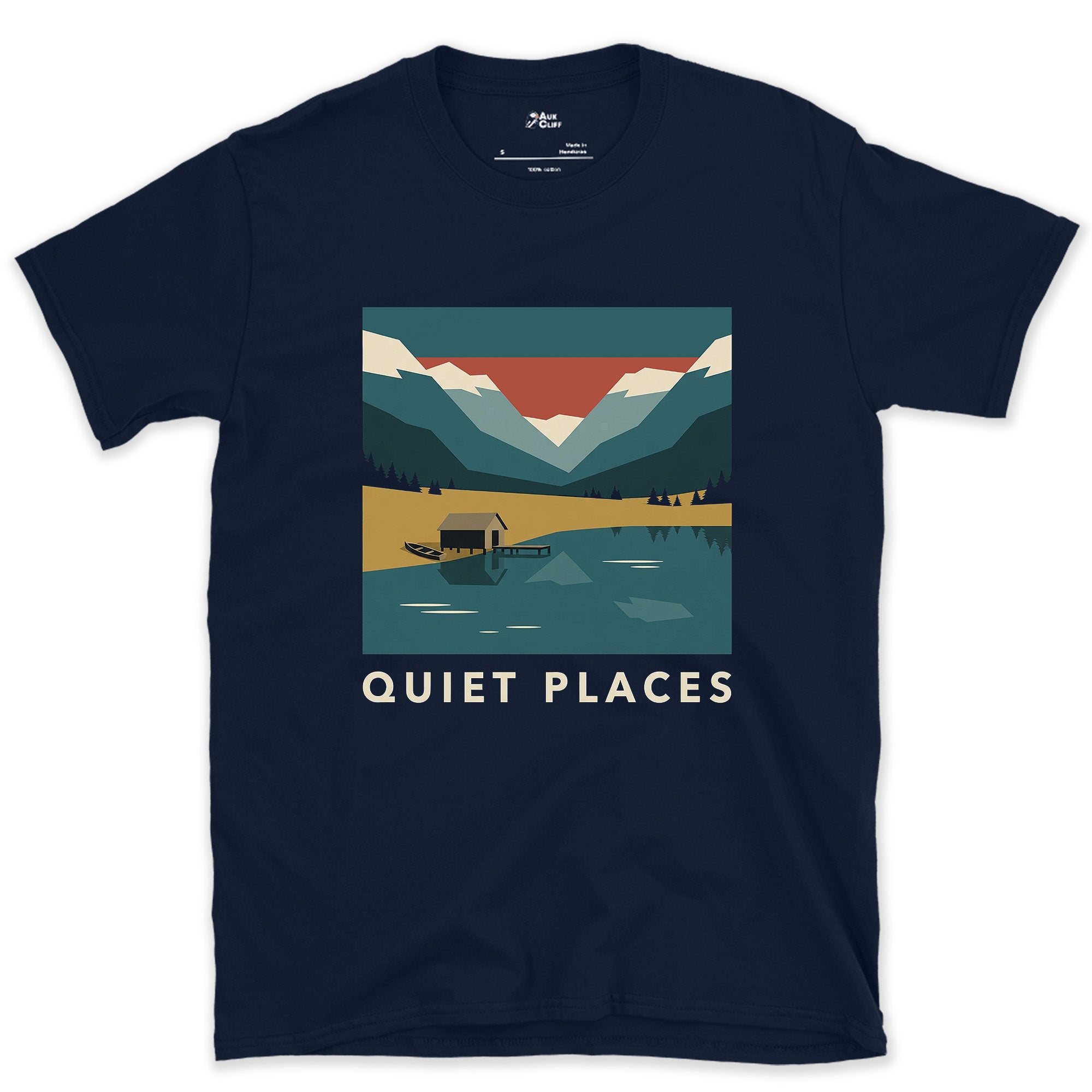 Quiet Places, Hut on the Water design on a Navy Gildan Softstyle t-shirt