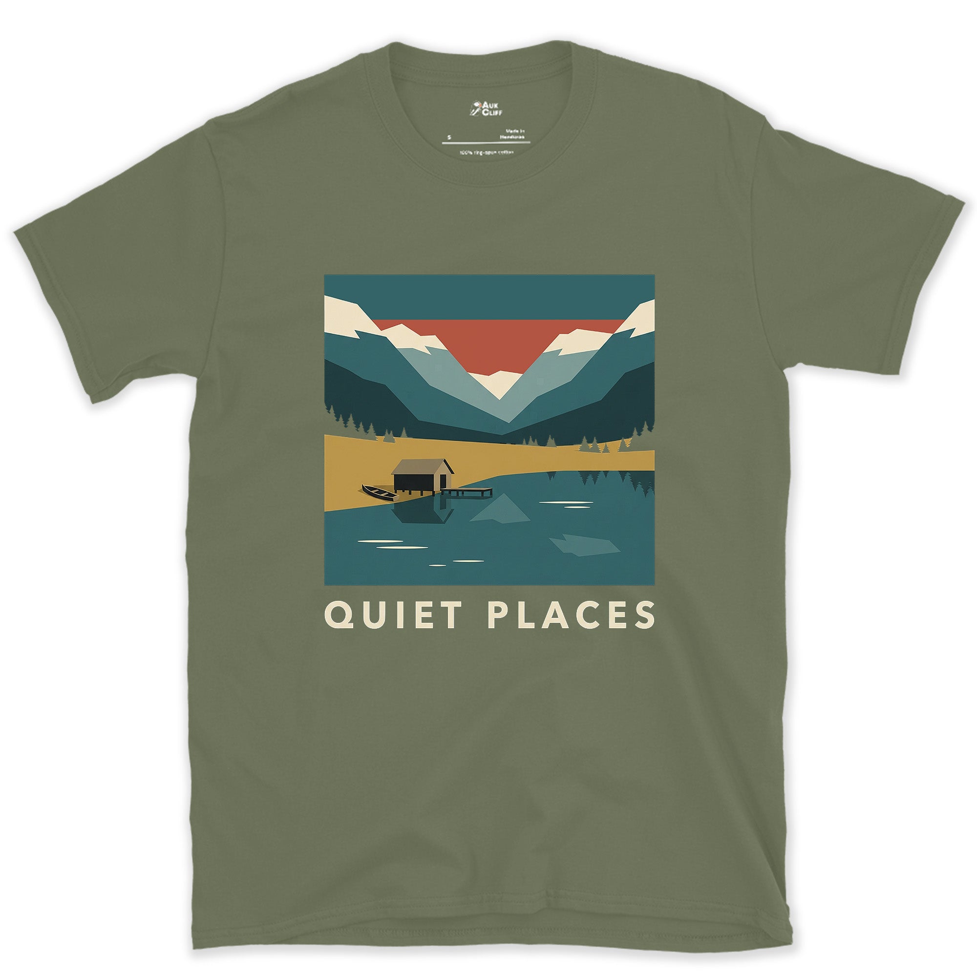 Quiet Places, Hut on the Water design on a Military Green Gildan Softstyle t-shirt