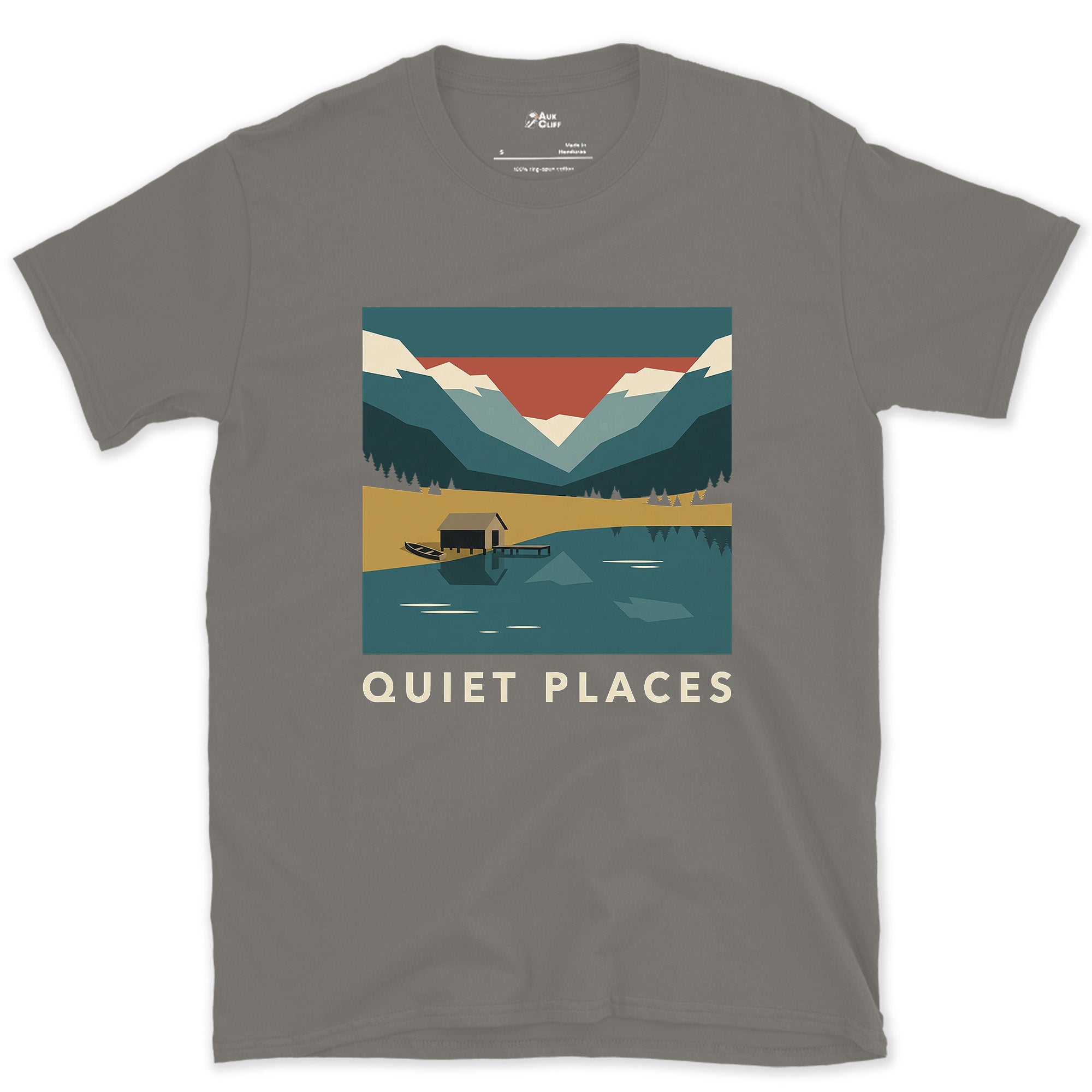 Quiet Places, Hut on the Water design on a Charcoal Gildan Softstyle t-shirt