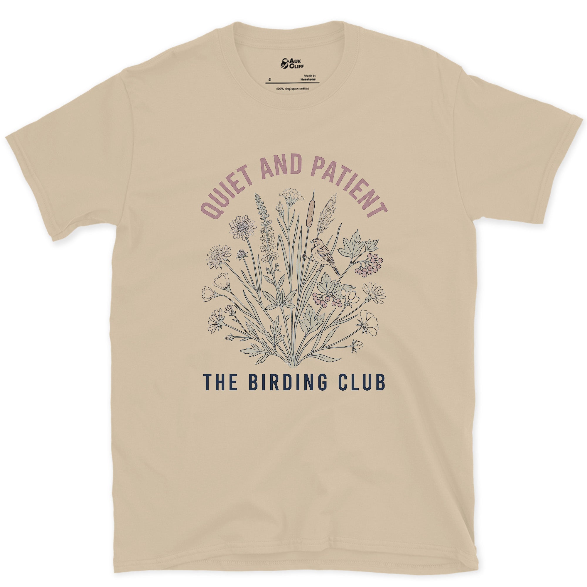 Quiet and Patient, The Birding Club design on a Sand Gildan Softstyle t-shirt