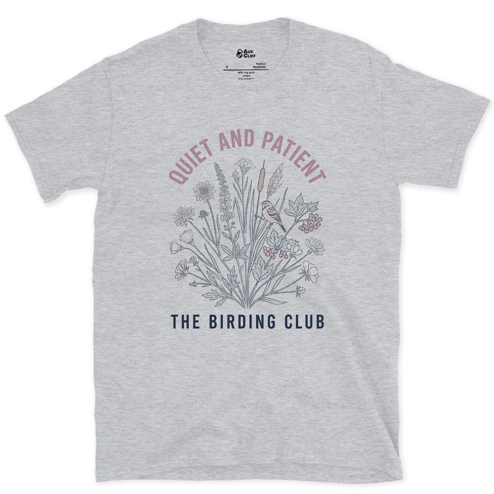 Quiet and Patient, The Birding Club design on a Sport Grey Gildan Softstyle t-shirt