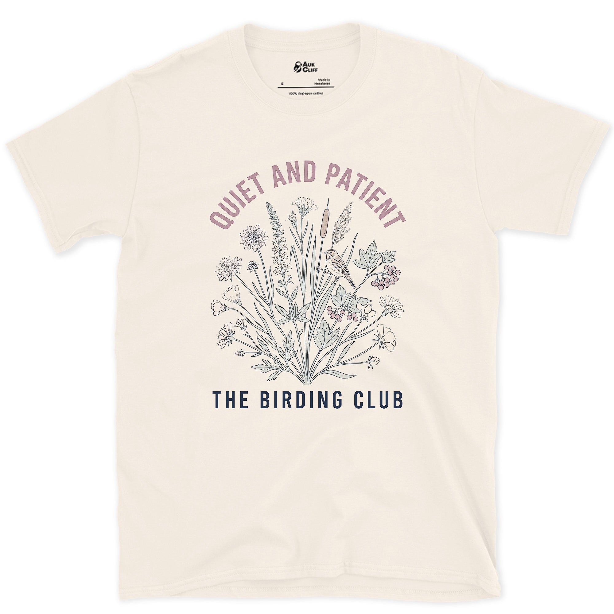 Quiet and Patient, The Birding Club design on a Natural Gildan Softstyle t-shirt