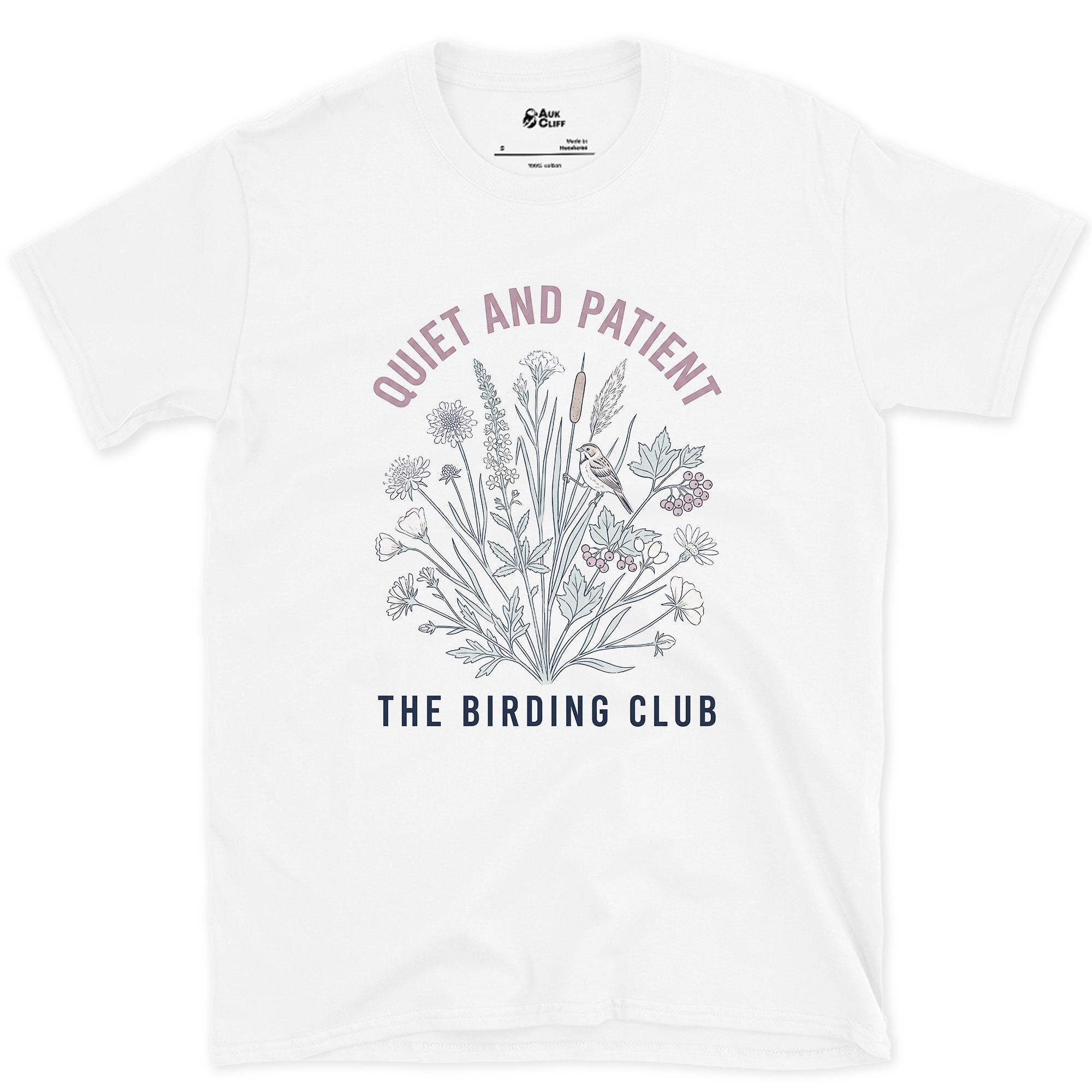 Quiet and Patient, The Birding Club design on a White Gildan Softstyle t-shirt