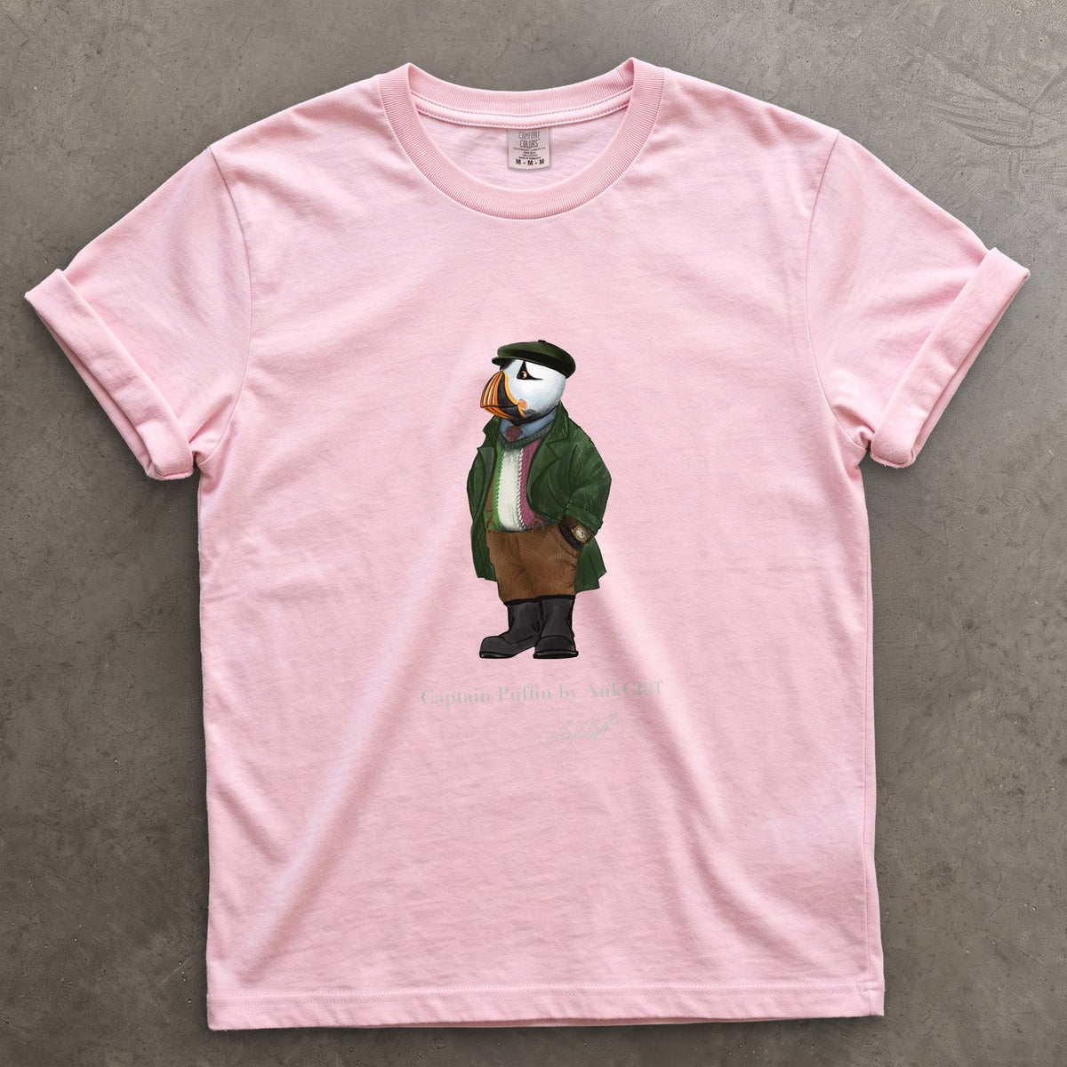 Captain Puffin Republic of Newfoundland on a Blossom Comfort Colors t-shirt