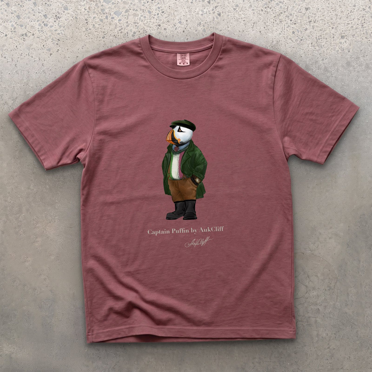 Captain Puffin Republic of Newfoundland on a Brick Comfort Colors t-shirt