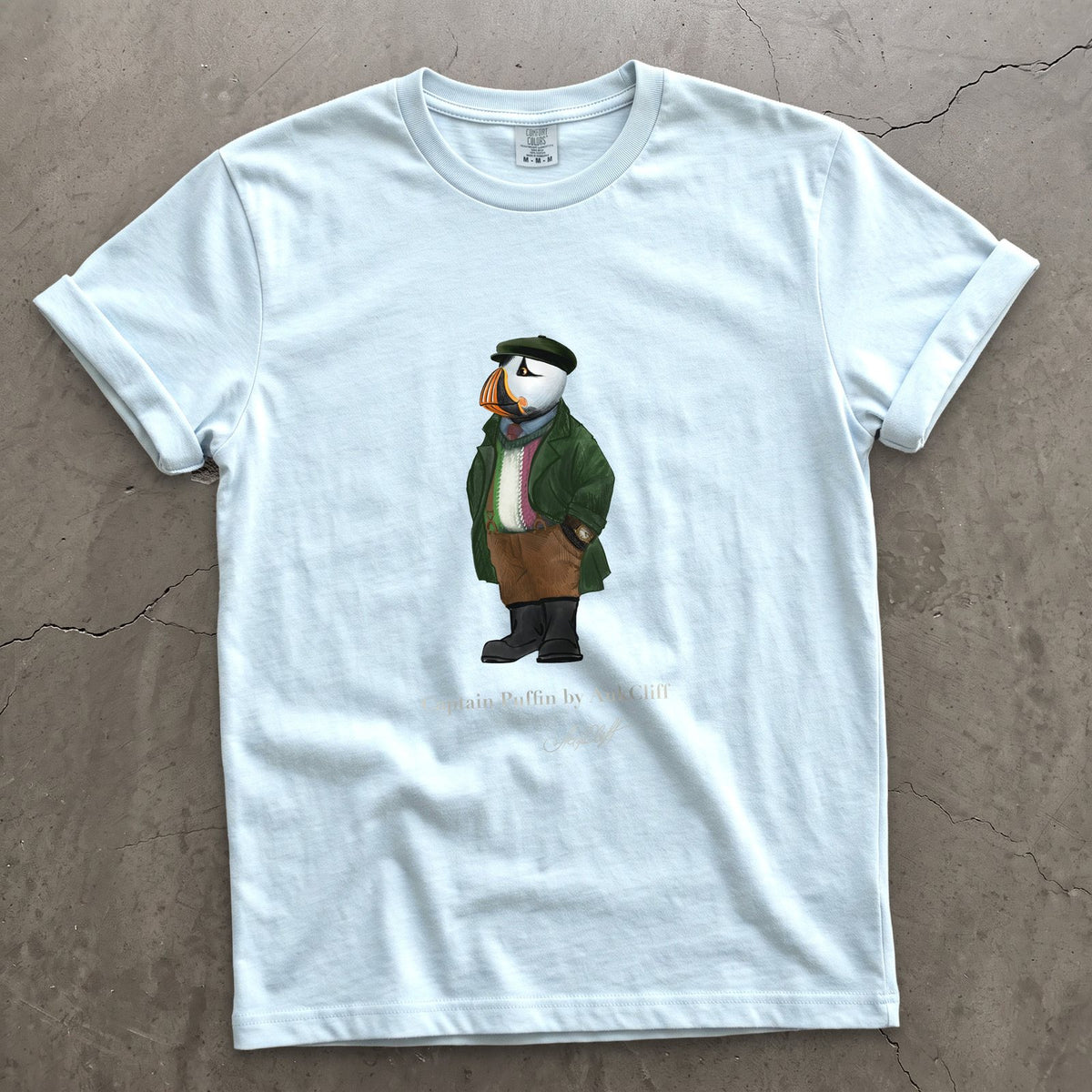 Captain Puffin Republic of Newfoundland on a Chambray Comfort Colors t-shirt
