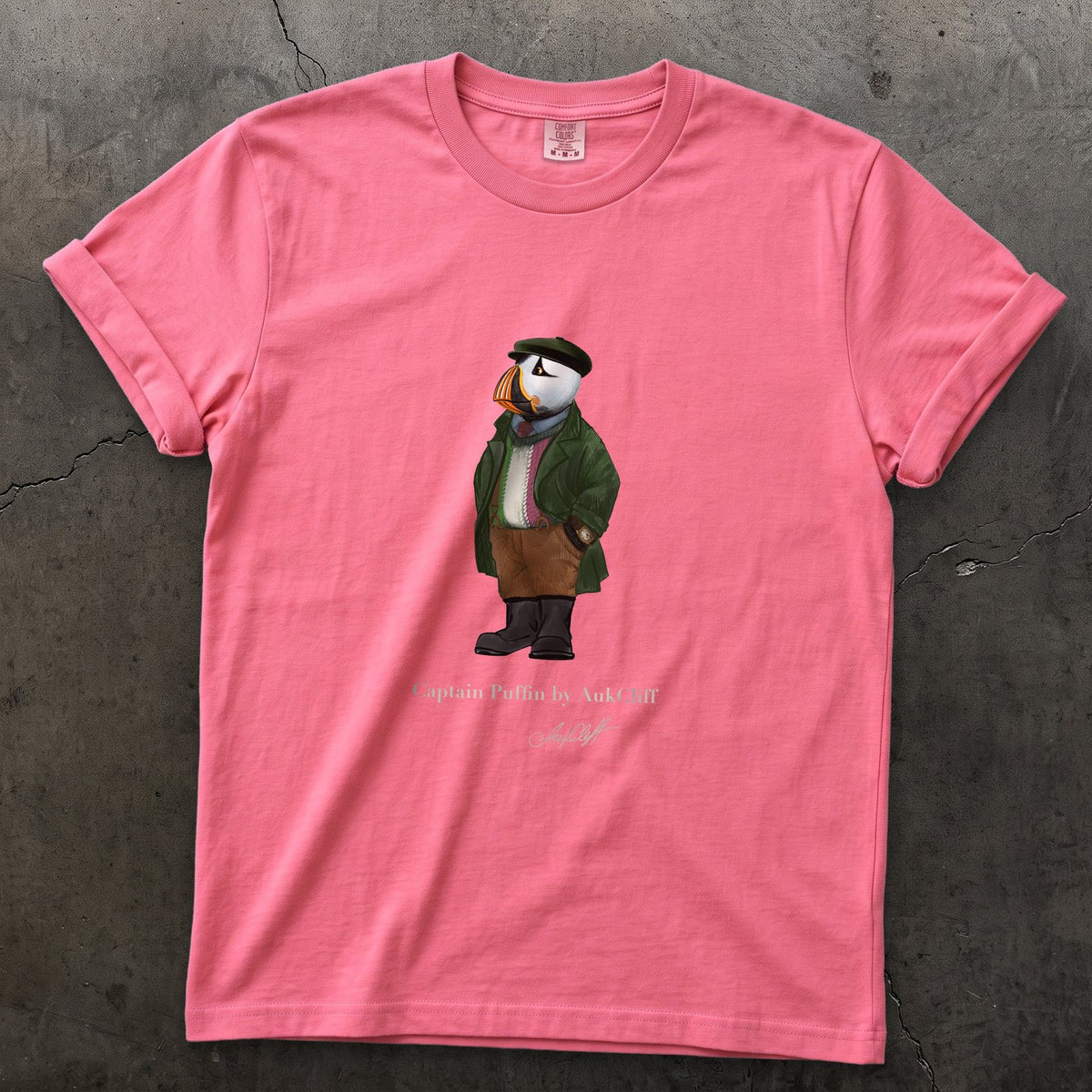 Captain Puffin Republic of Newfoundland on a Crunchberry Comfort Colors t-shirt