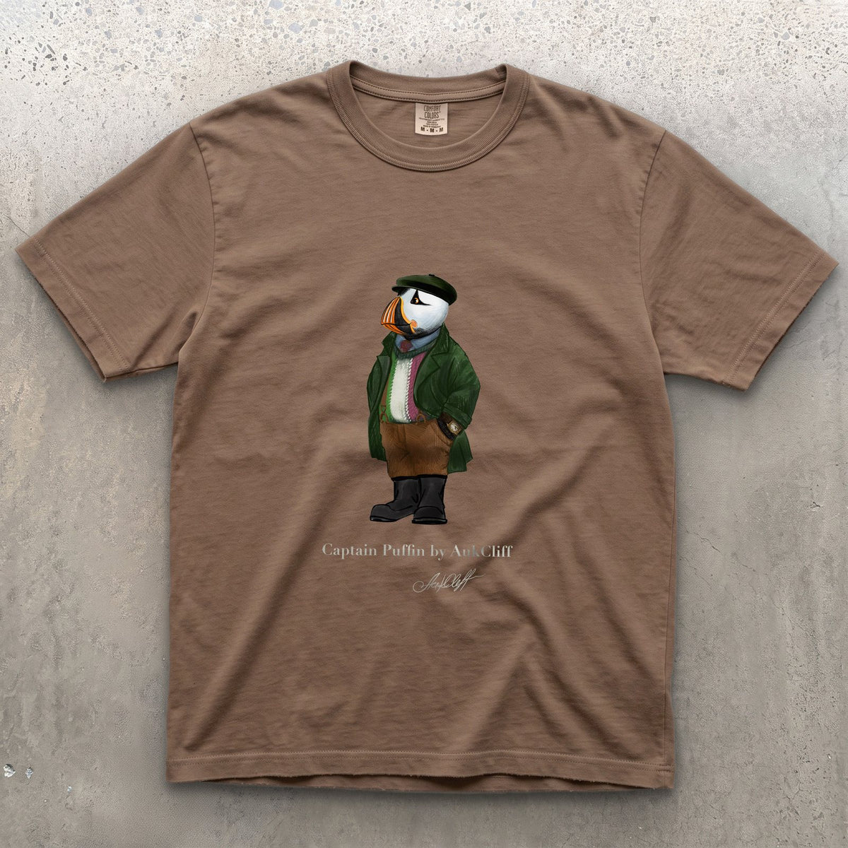 Captain Puffin Republic of Newfoundland on a Espresso Comfort Colors t-shirt