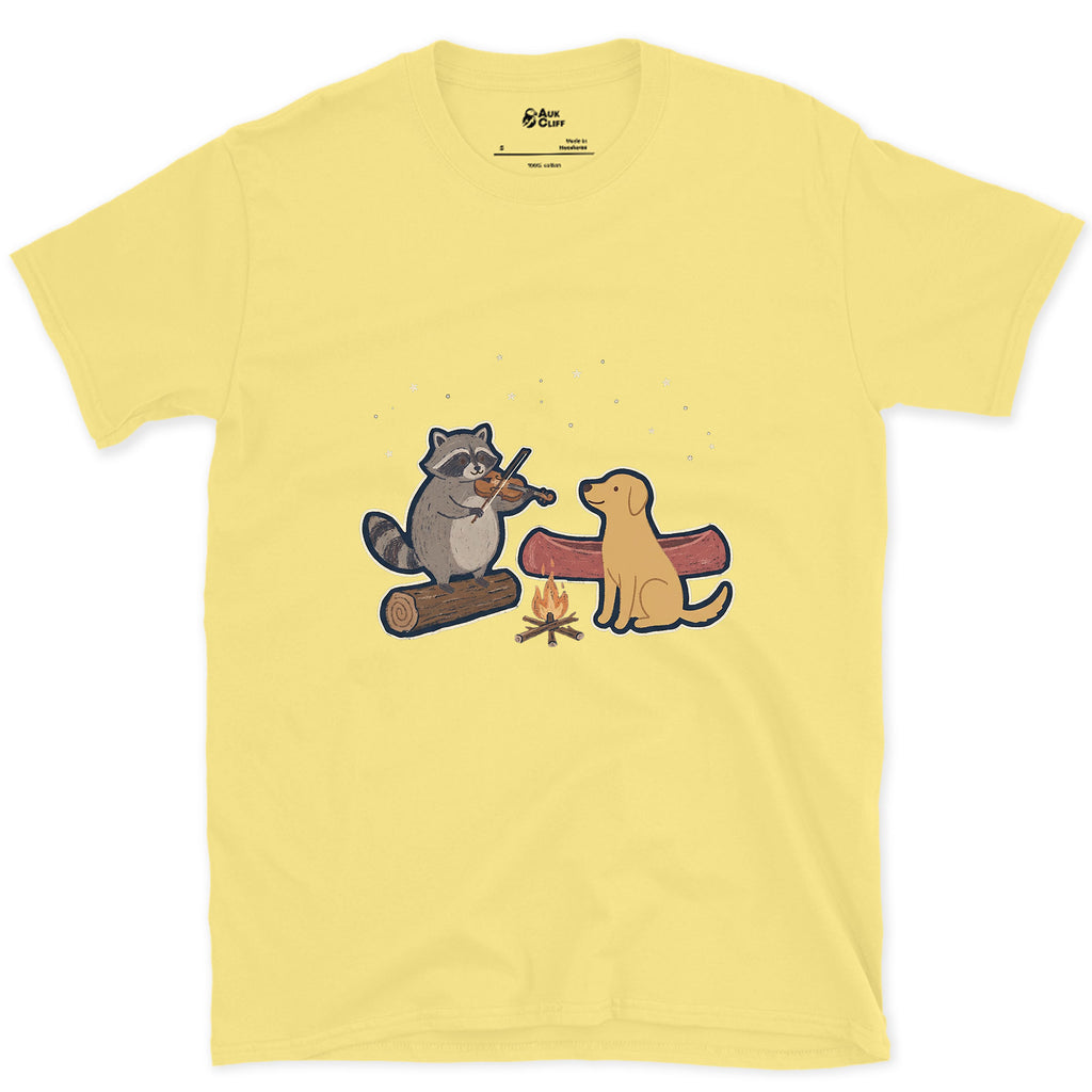 Camp Fiddle Tunes After the Paddle, Raccoon design on a Cornsilk Gildan Softstyle t-shirt