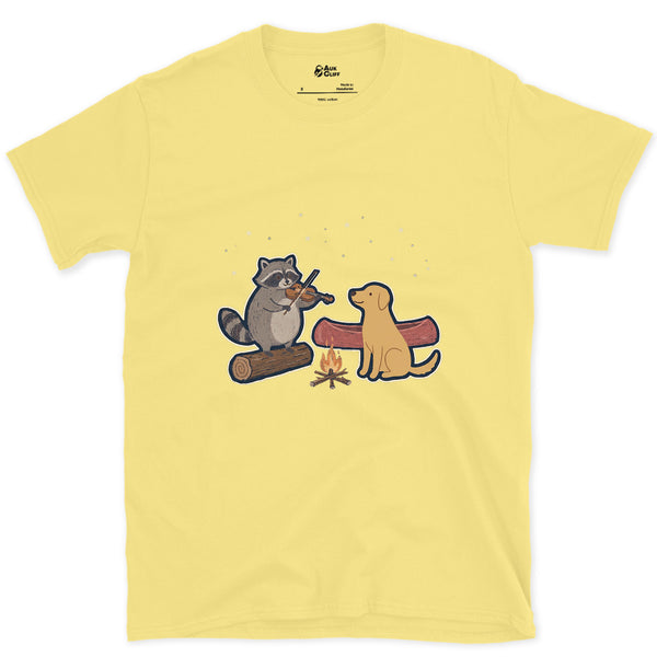 Camp Fiddle Tunes After the Paddle, Raccoon design on a Cornsilk Gildan Softstyle t-shirt