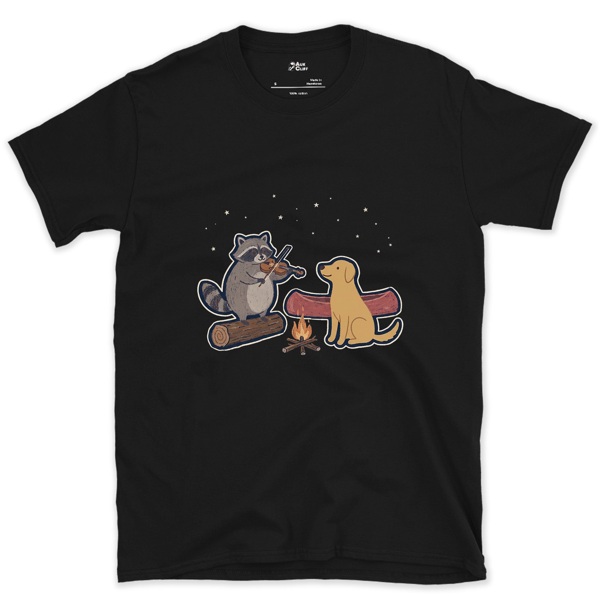 Camp Fiddle Tunes After the Paddle, Raccoon design on a Black Gildan Softstyle t-shirt