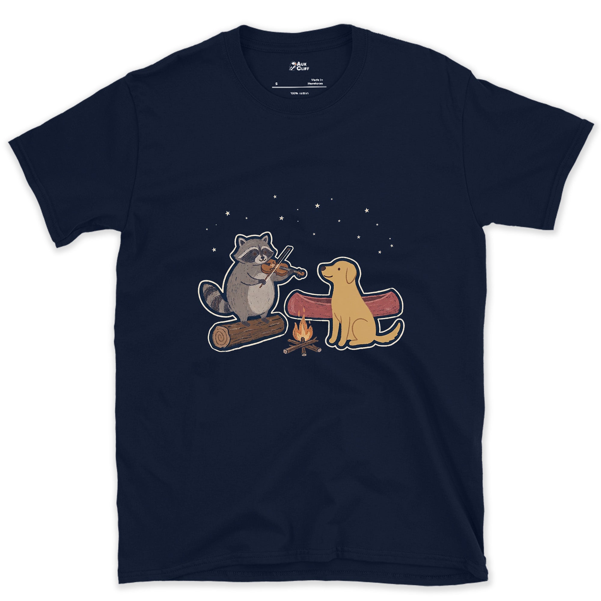 Camp Fiddle Tunes After the Paddle, Raccoon design on a Navy Gildan Softstyle t-shirt