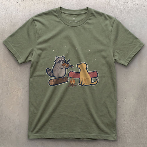 Camp Fiddle Tunes After the Paddle, Raccoon design on a Military Green Gildan Softstyle t-shirt