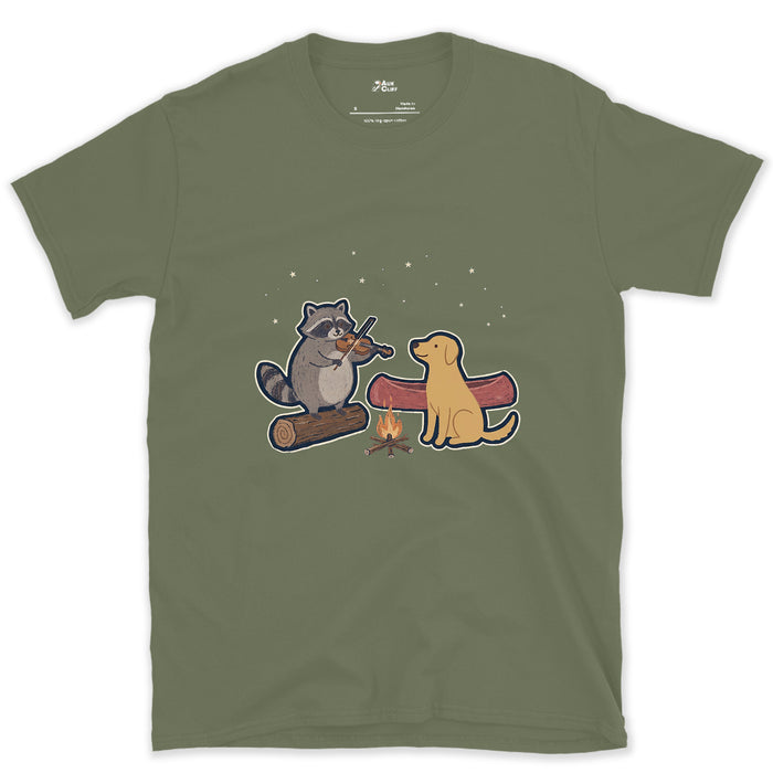 Camp Fiddle Tunes After the Paddle, Raccoon design on a Military Green Gildan Softstyle t-shirt