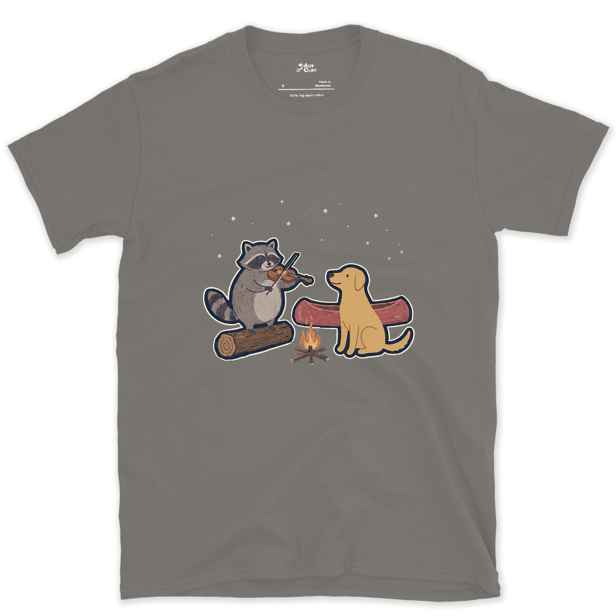 Camp Fiddle Tunes After the Paddle, Raccoon design on a Charcoal Gildan Softstyle t-shirt
