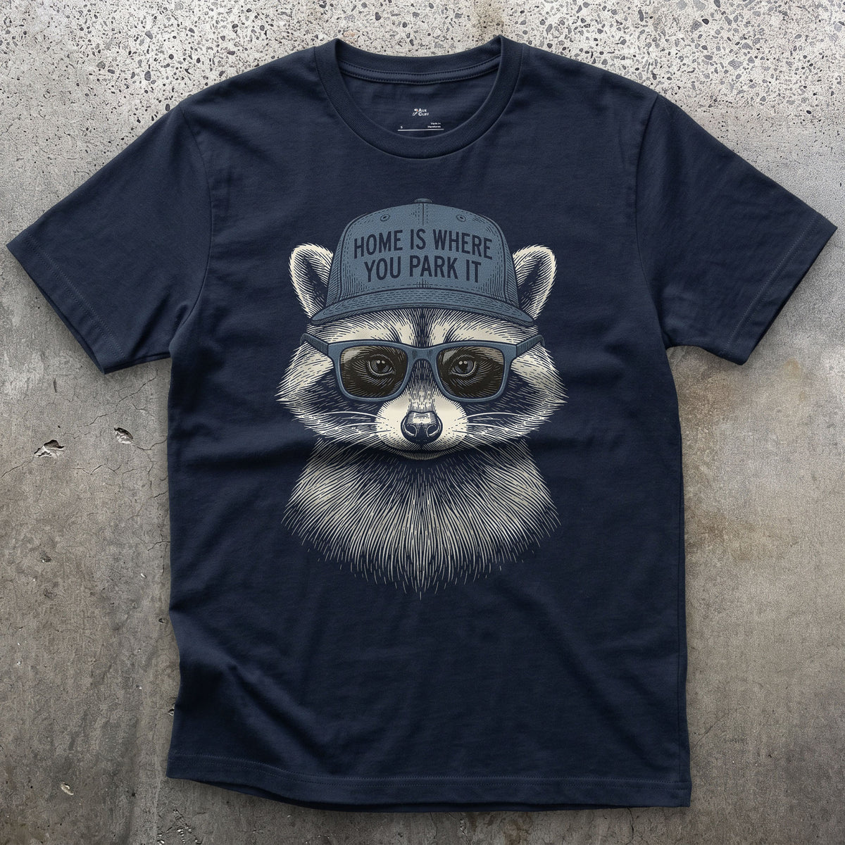Home Is Where You Park It, Racoon Van Life design on a Navy Gildan Softstyle t-shirt